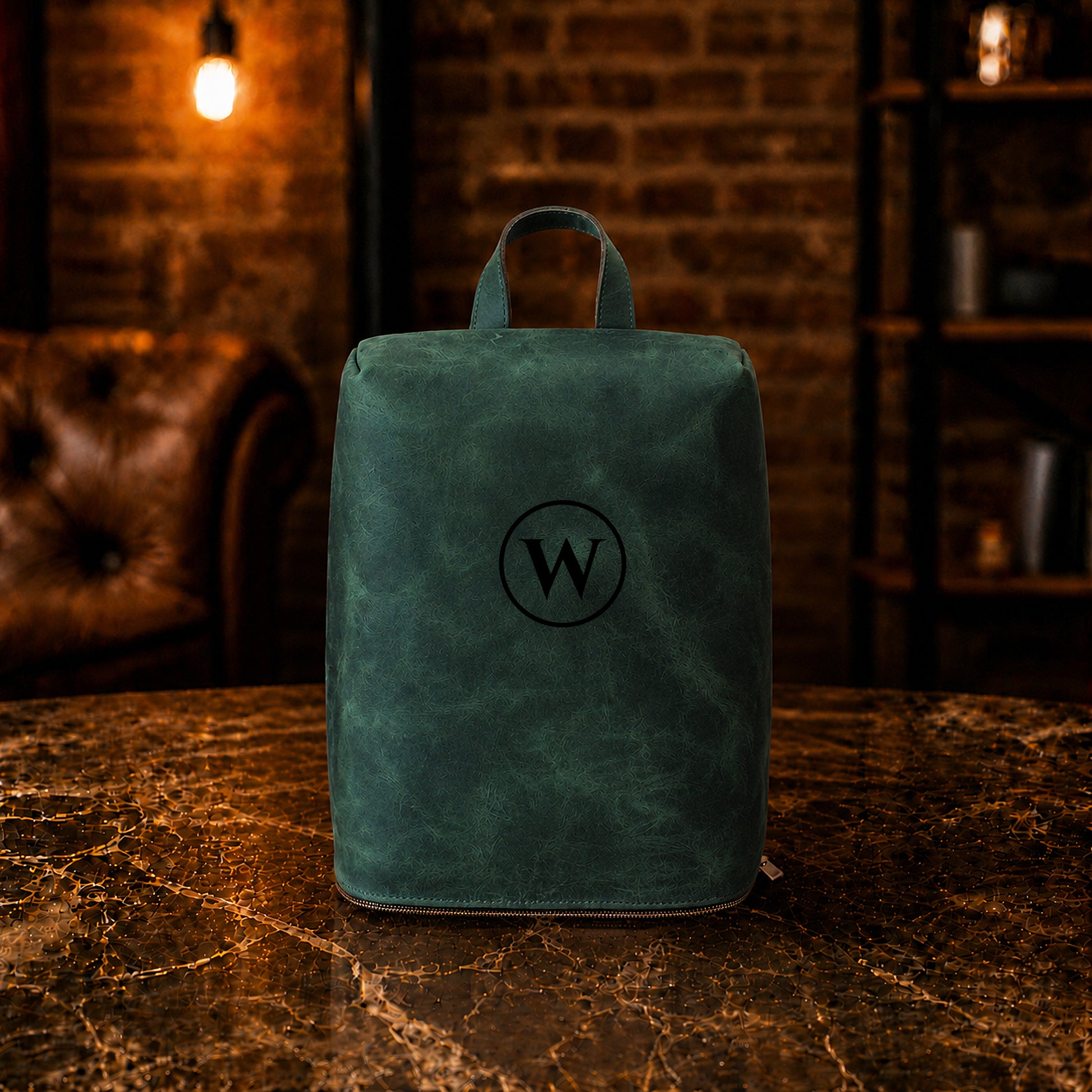 Person carrying personalized leather shoe bag, lifestyle editorial photo
