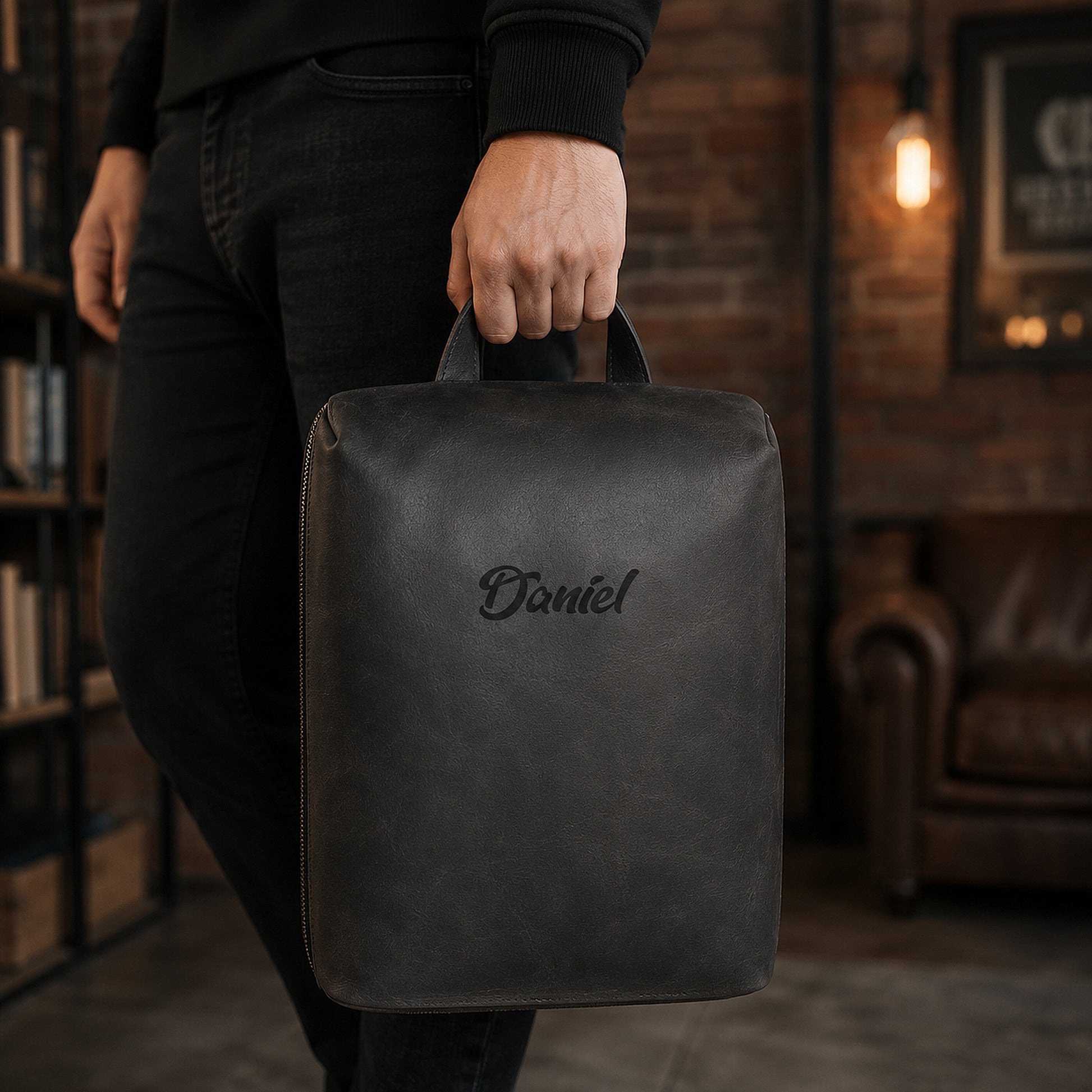 The Stride Sleeve personalized leather shoe bag, side profile view