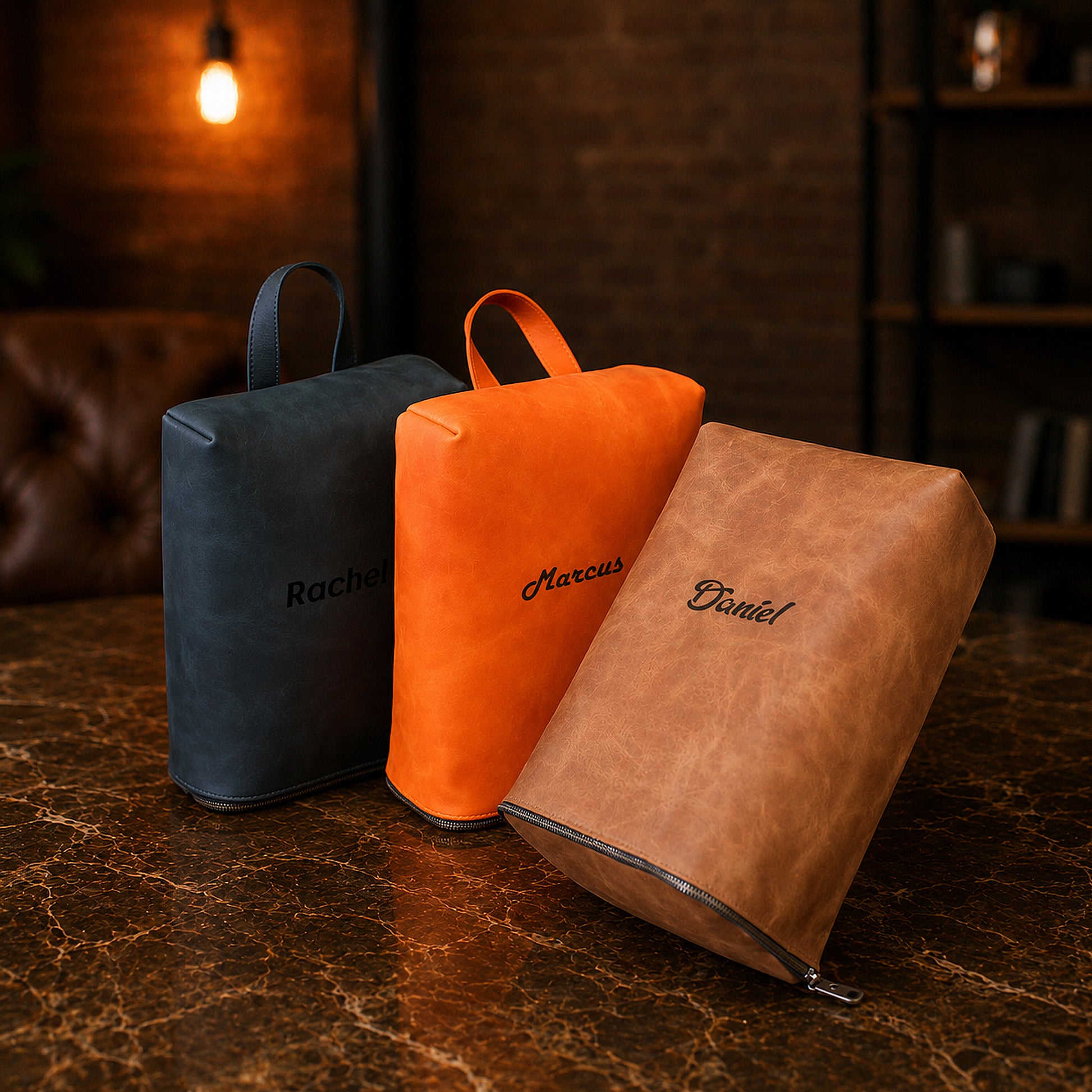 Premium leather shoe bag with name stamp, warm earthy tone