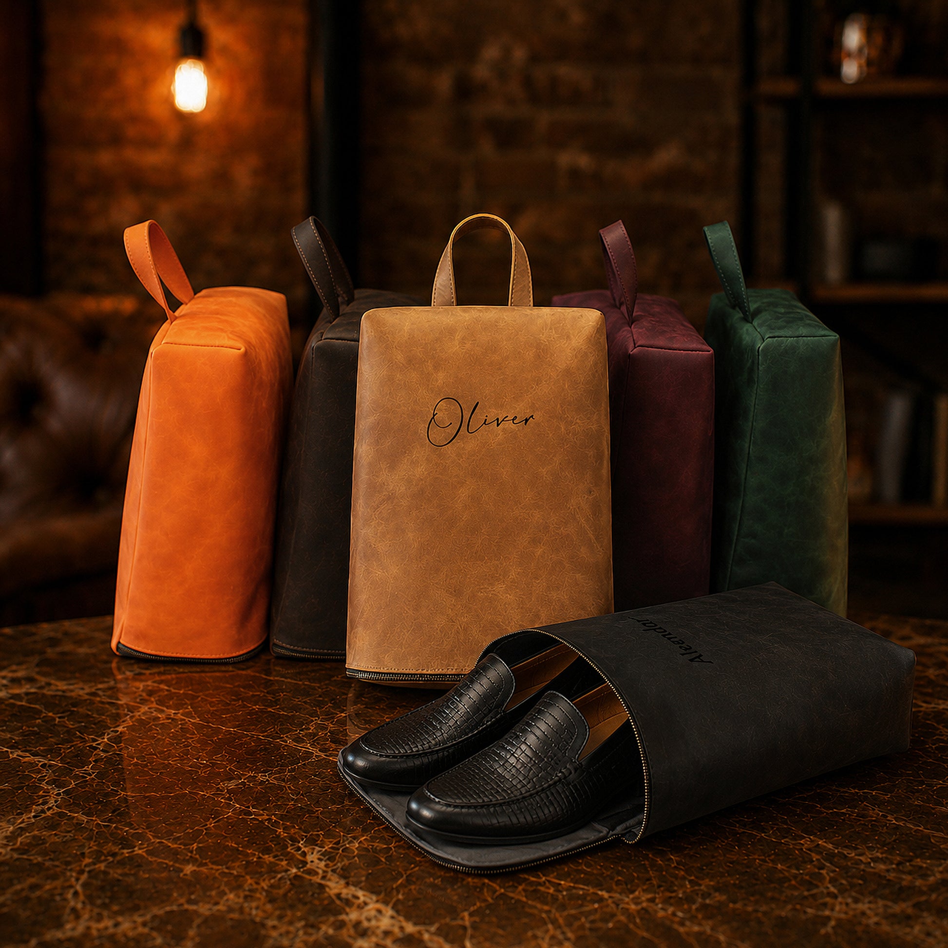 Personalized monogram engraving on handcrafted leather shoe bag