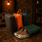 Leather shoe bag zipper and closure detail, durable brass hardware