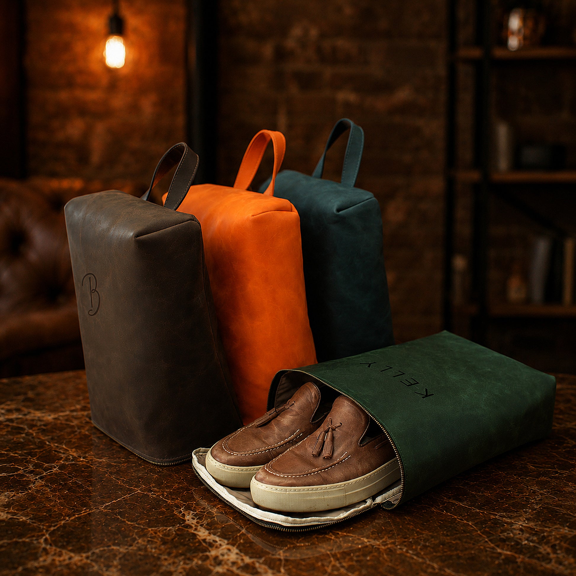Leather shoe bag zipper and closure detail, durable brass hardware