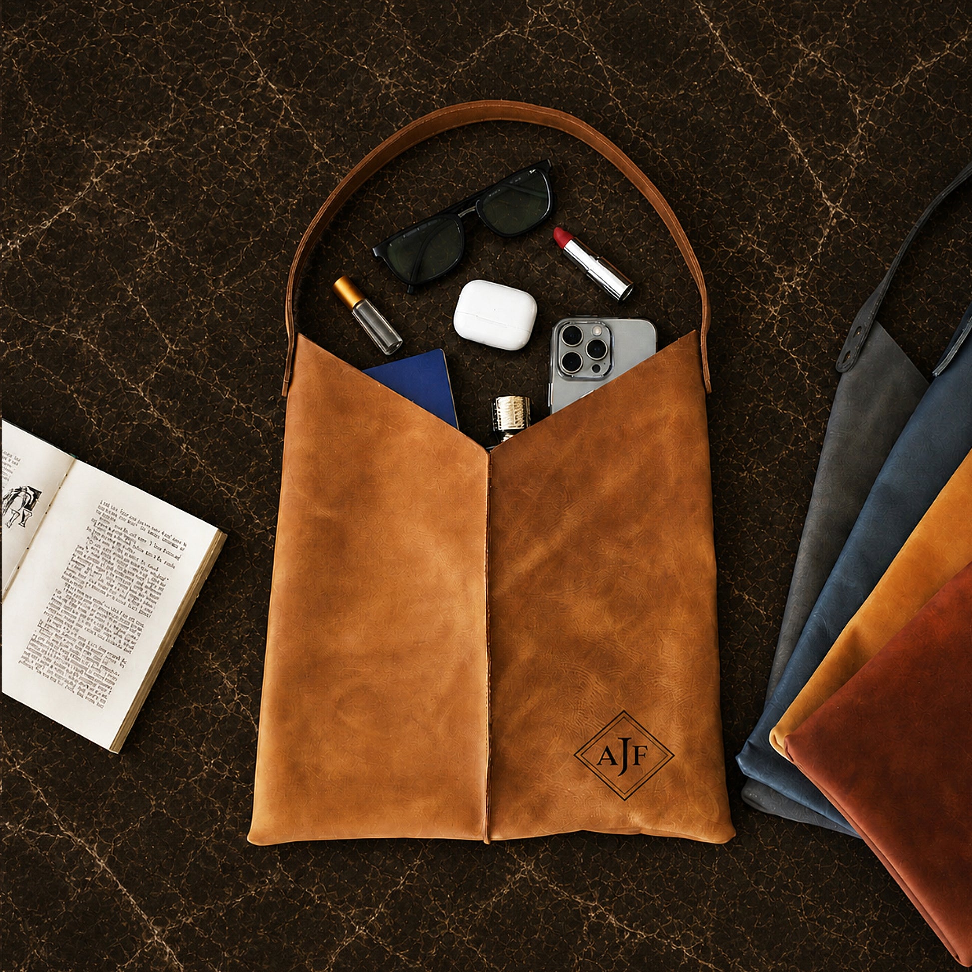 Person wearing leather tote bag crossbody, lifestyle editorial photo