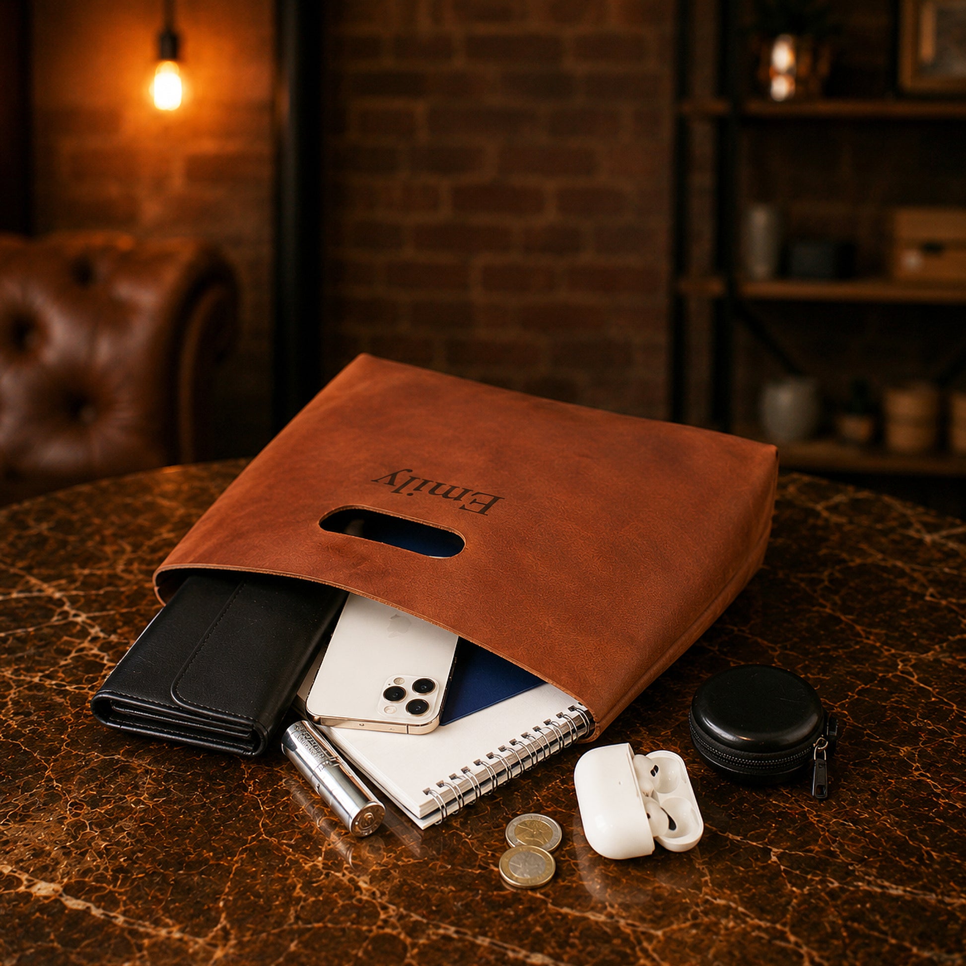 Brown leather pouch with monogrammed name, containing various items on a wooden surface.