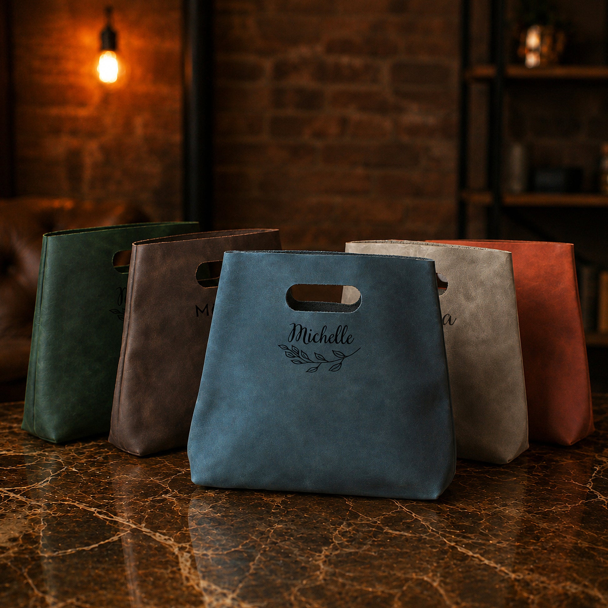 Genuine leather tote bag with classic handles, lifestyle editorial photo