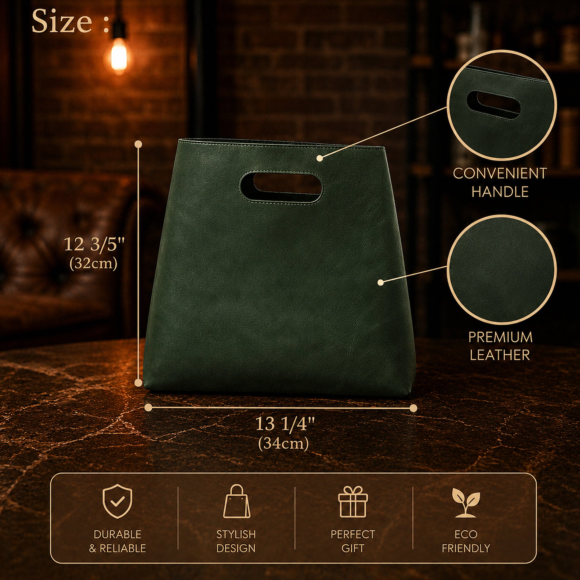 Green leather bag with measurements and features on a dark background