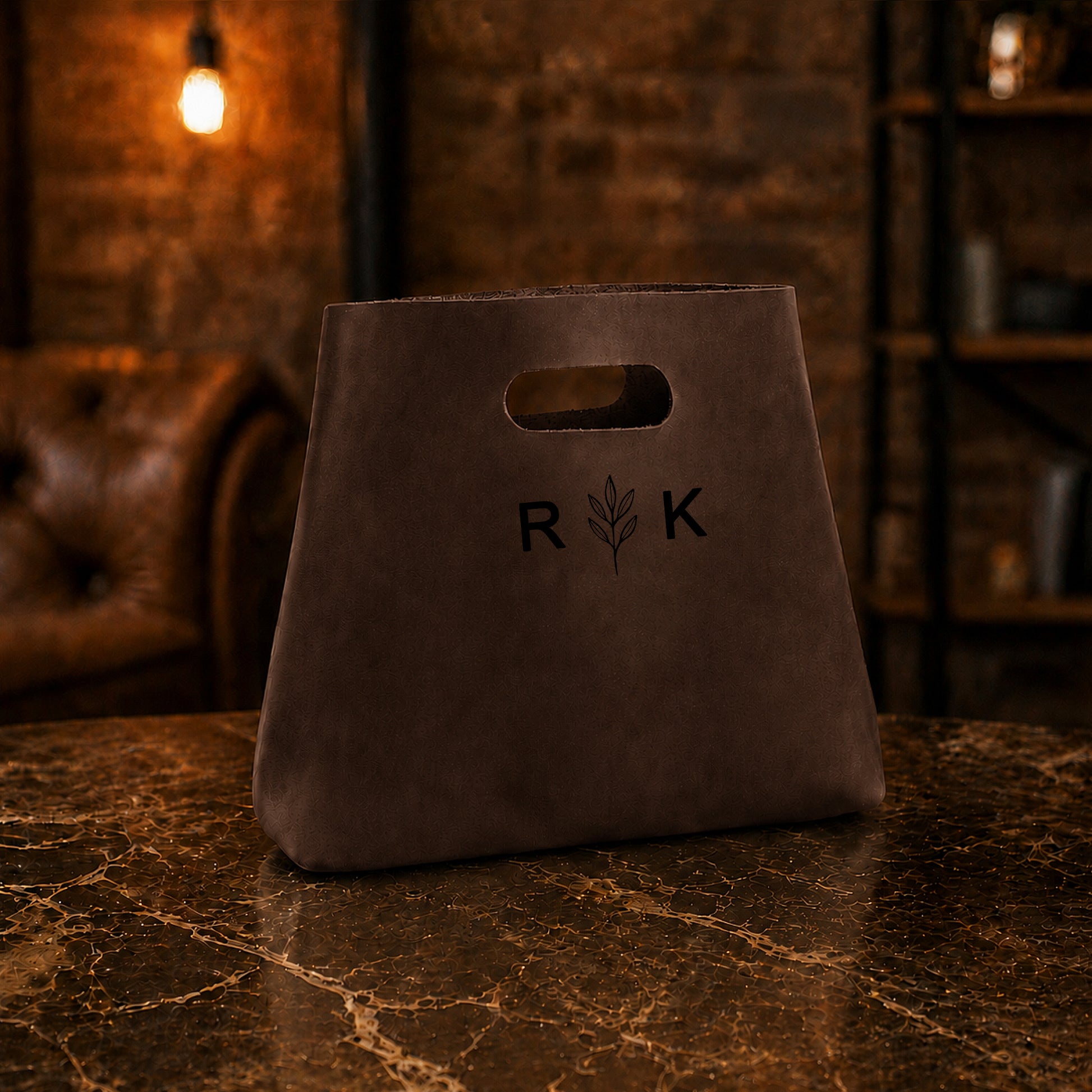 Brown leather bag with 'R K' logo on a marble surface with a warm, blurred background.