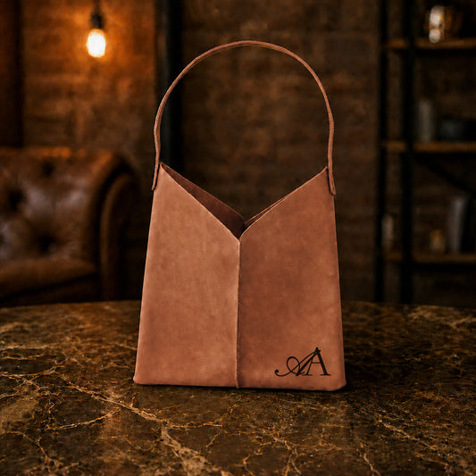 Personalized leather tote bag with monogram, minimalist asymmetrical design