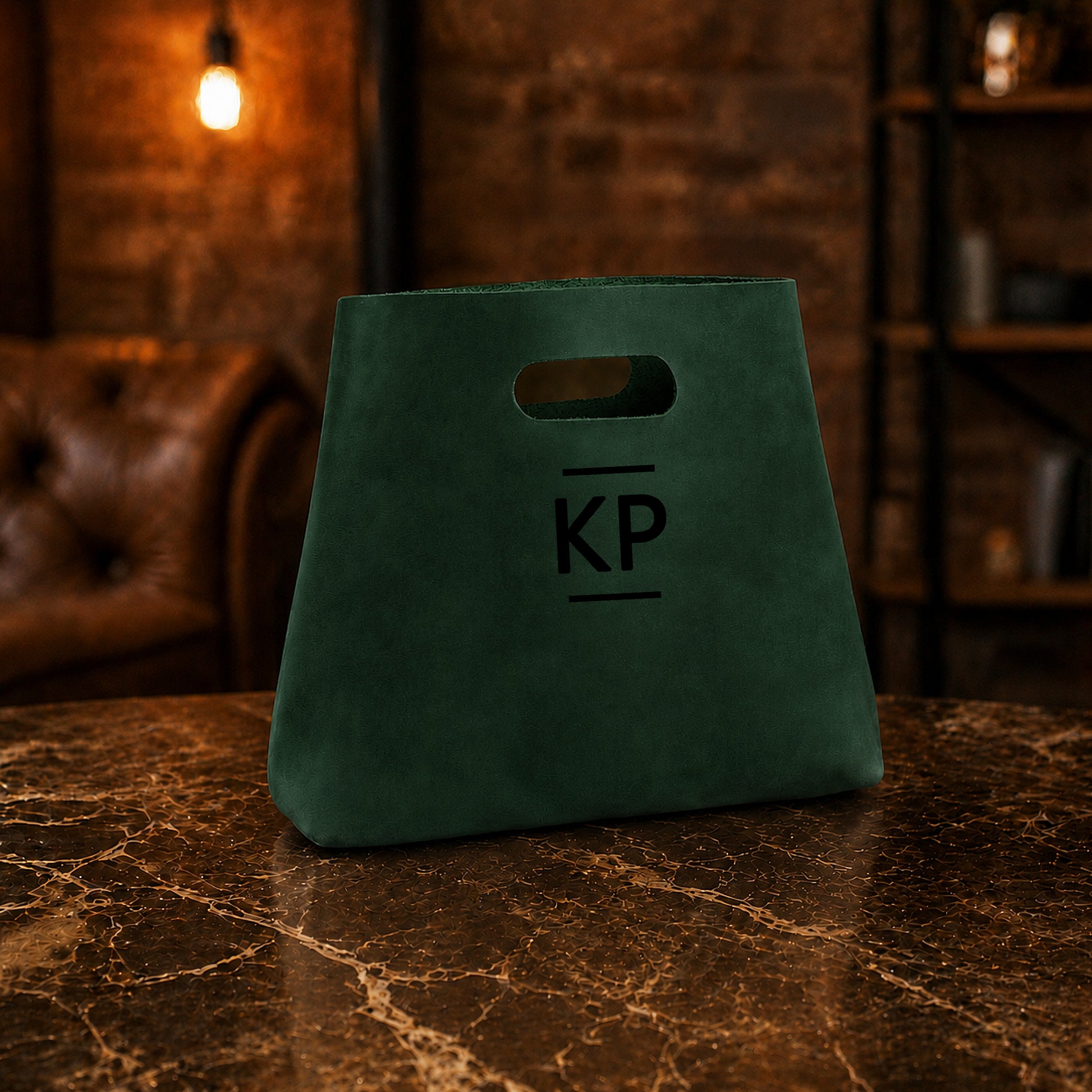 Green bag with 'KP' logo on a marble surface with a warm-toned background