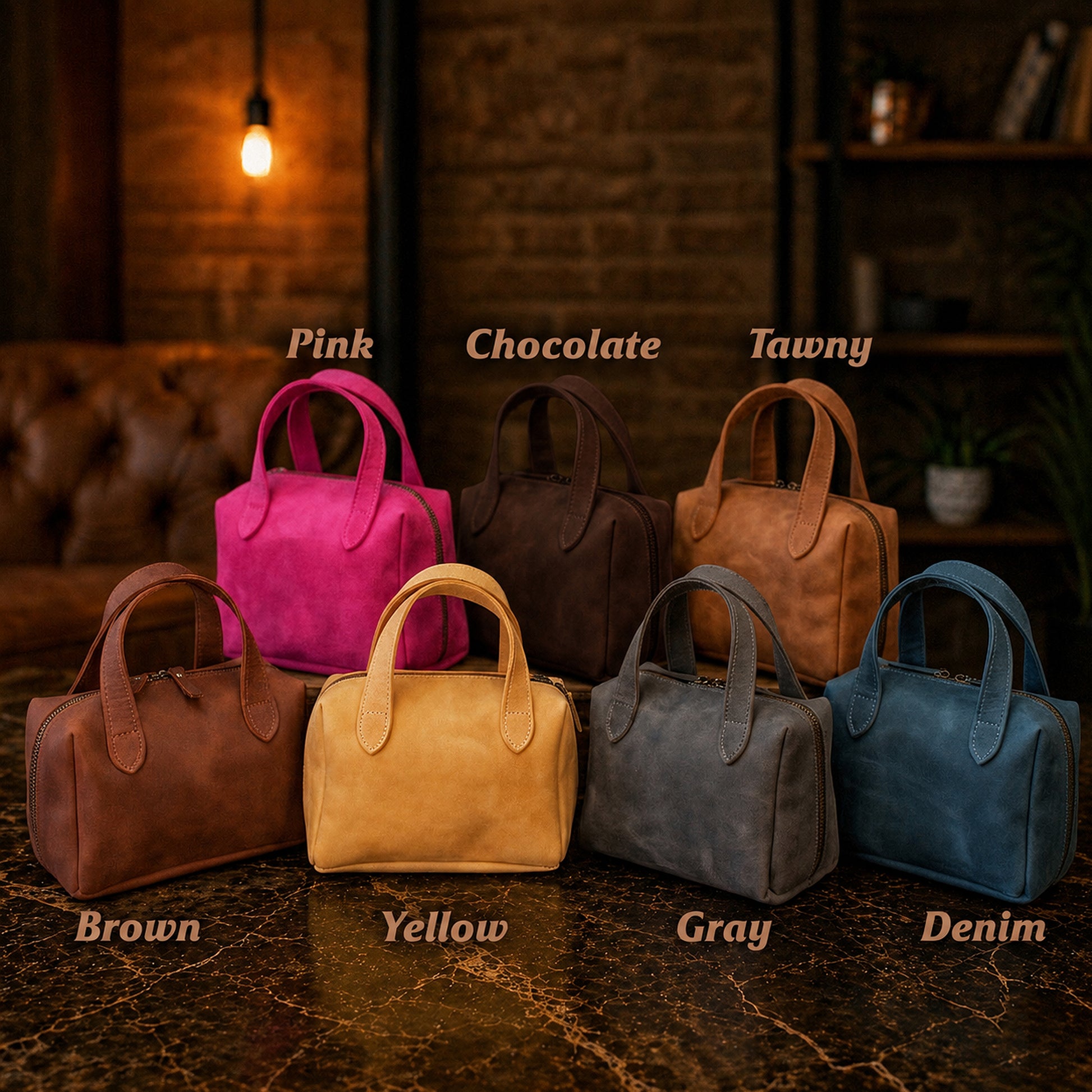 Six small top-handle satchel bags in different colors are arranged on a dark marble surface in a rustic indoor setting. Text labels above and below identify the colors: Pink, Chocolate, Tawny, Brown, Yellow, Gray, and Denim.
