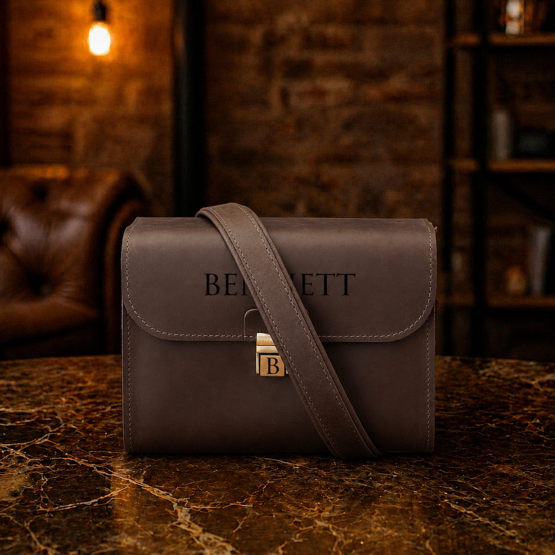 Handcrafted leather camera bag with monogram, gift-ready presentation