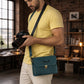 Textured leather surface of The Viewfinder camera bag, natural grain close-up
