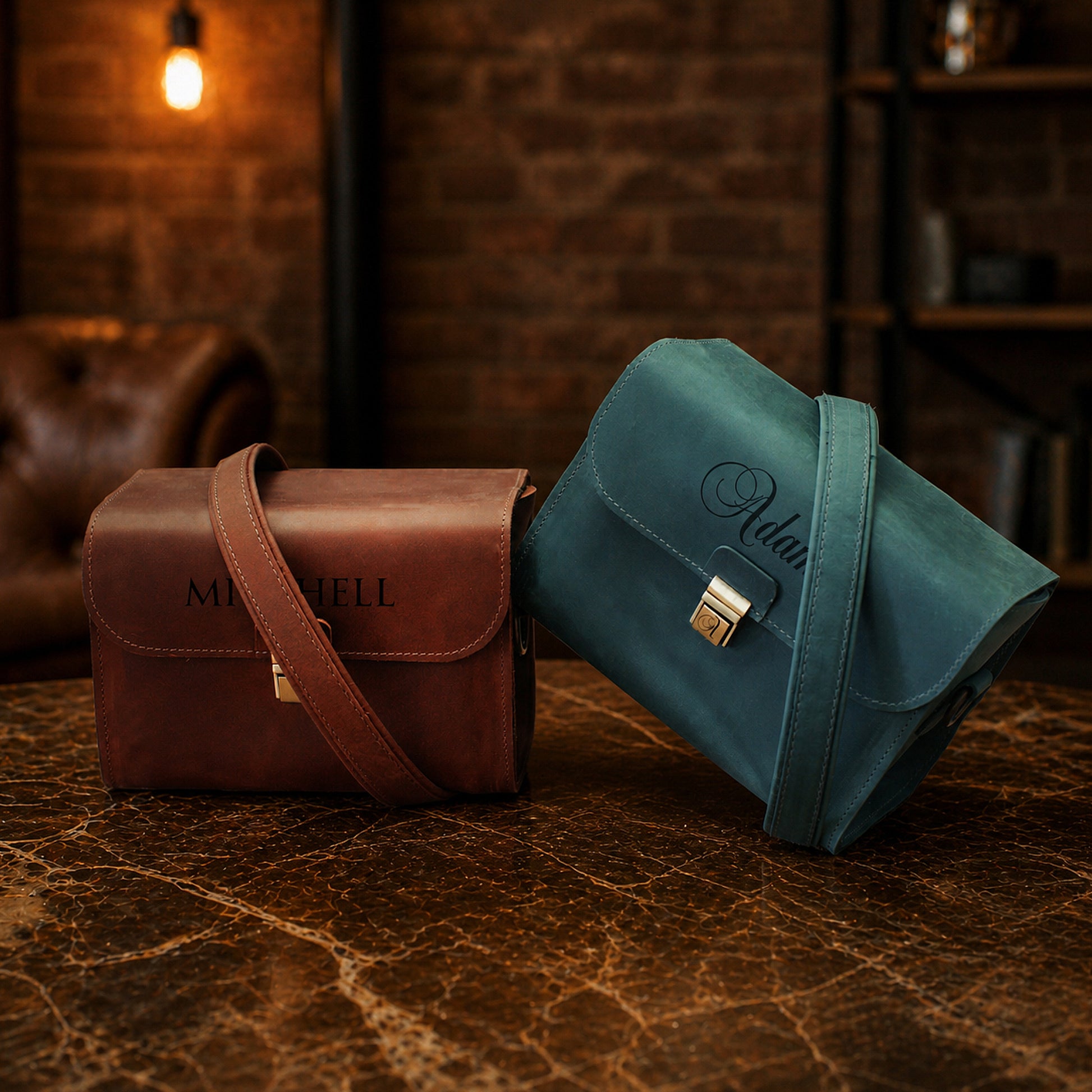 Person wearing leather camera bag crossbody, lifestyle editorial photo