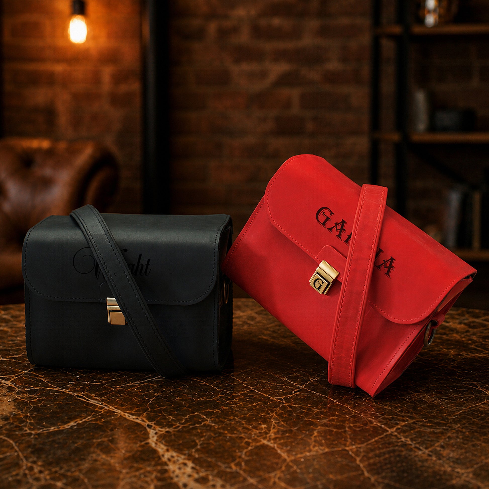 Leather camera bag worn over shoulder, minimalist street style