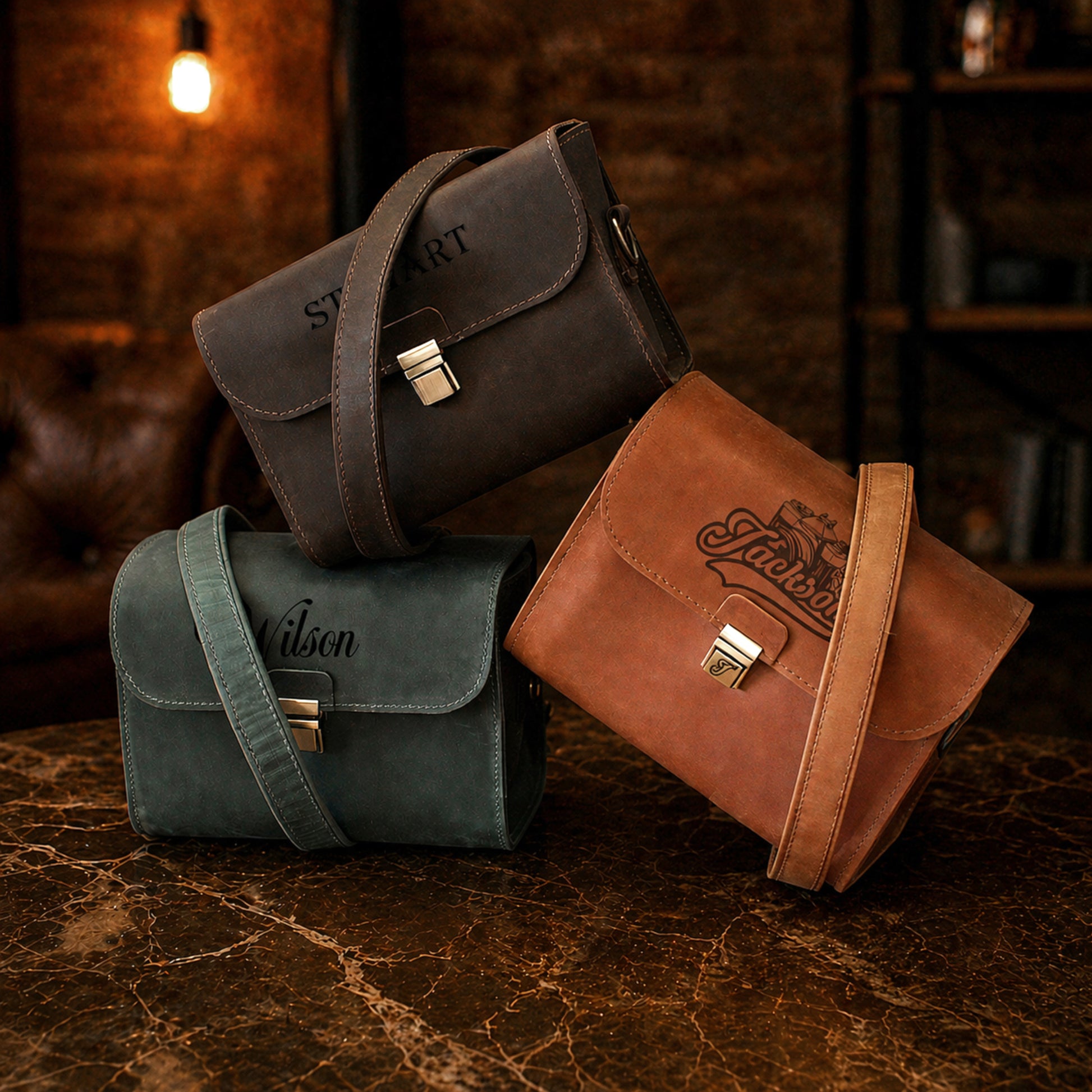 Leather camera bag with custom name, worn crossbody in natural light