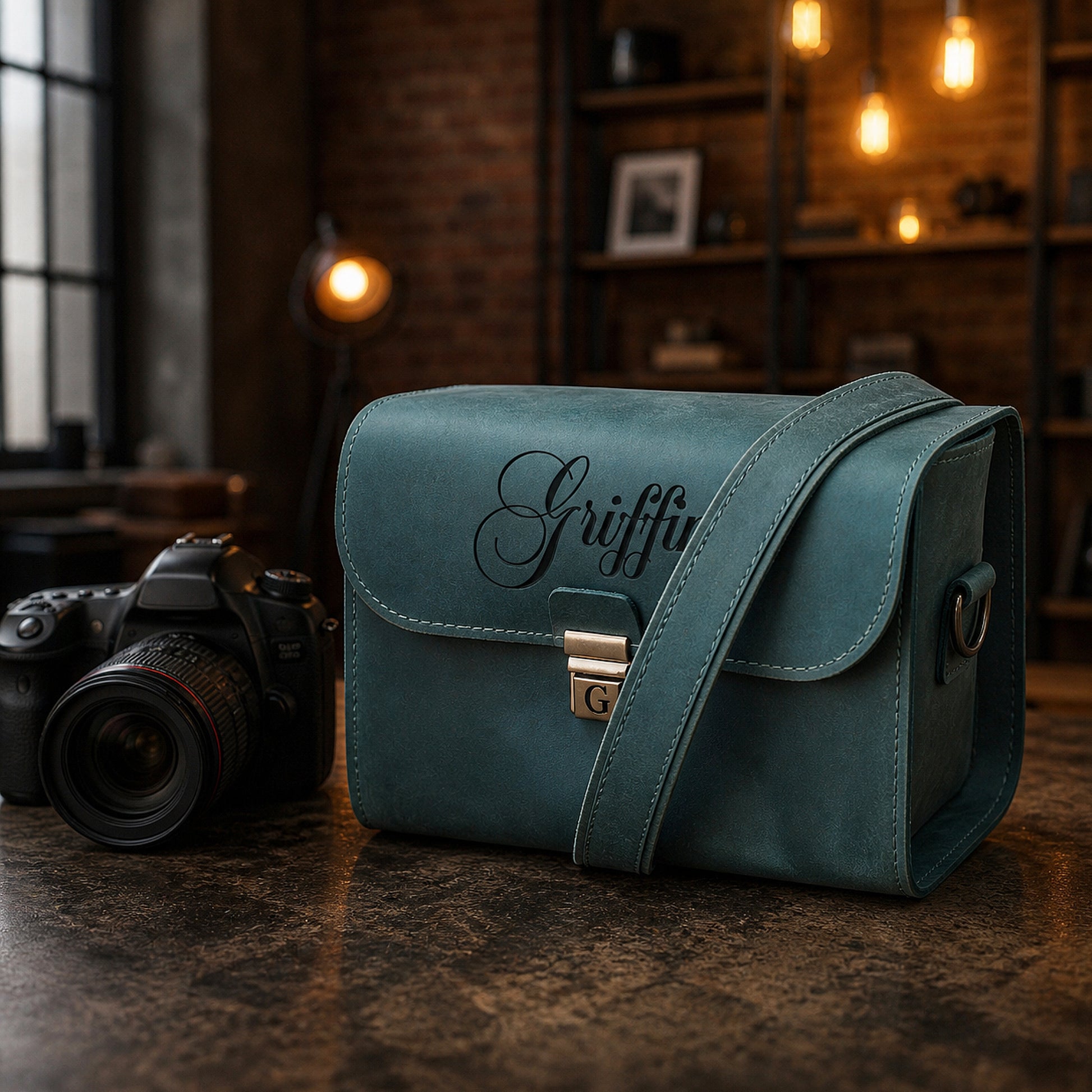 Photographer carrying personalized leather camera bag, lifestyle shot