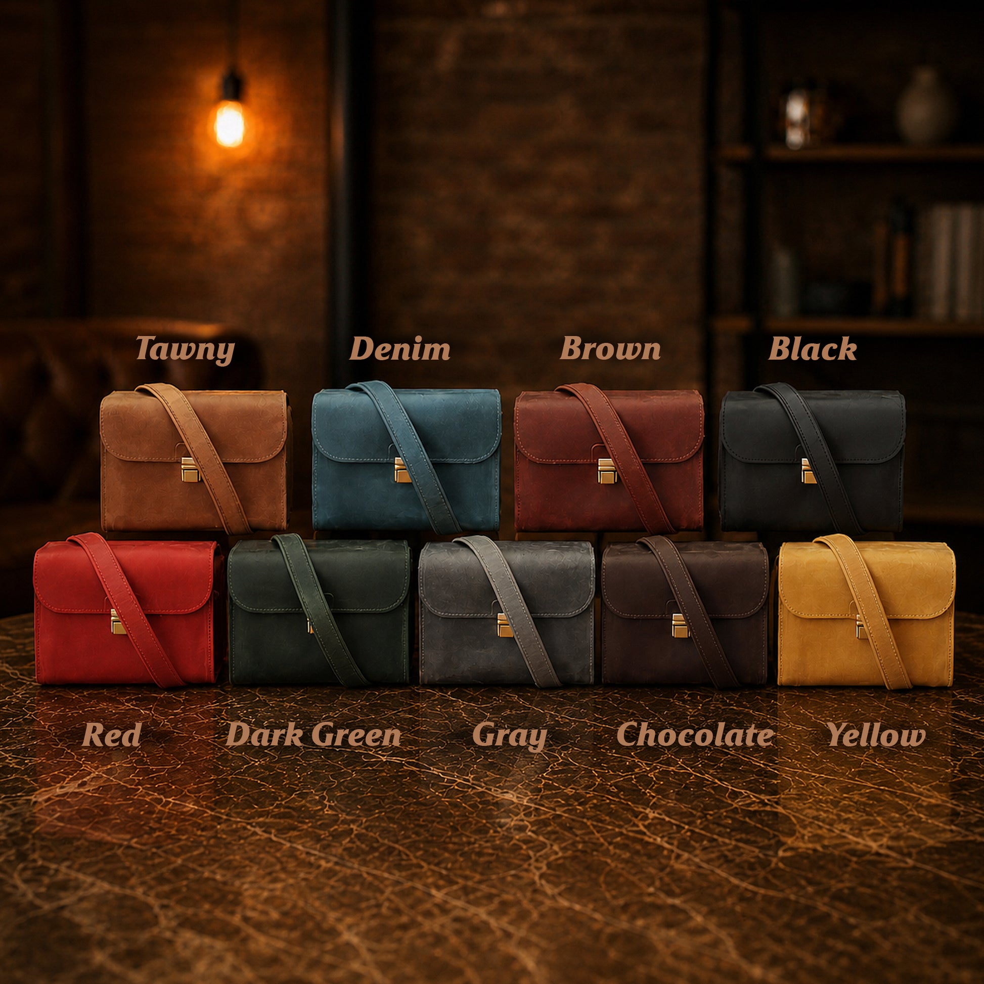 Collection of personalized leather camera bags in various colors
