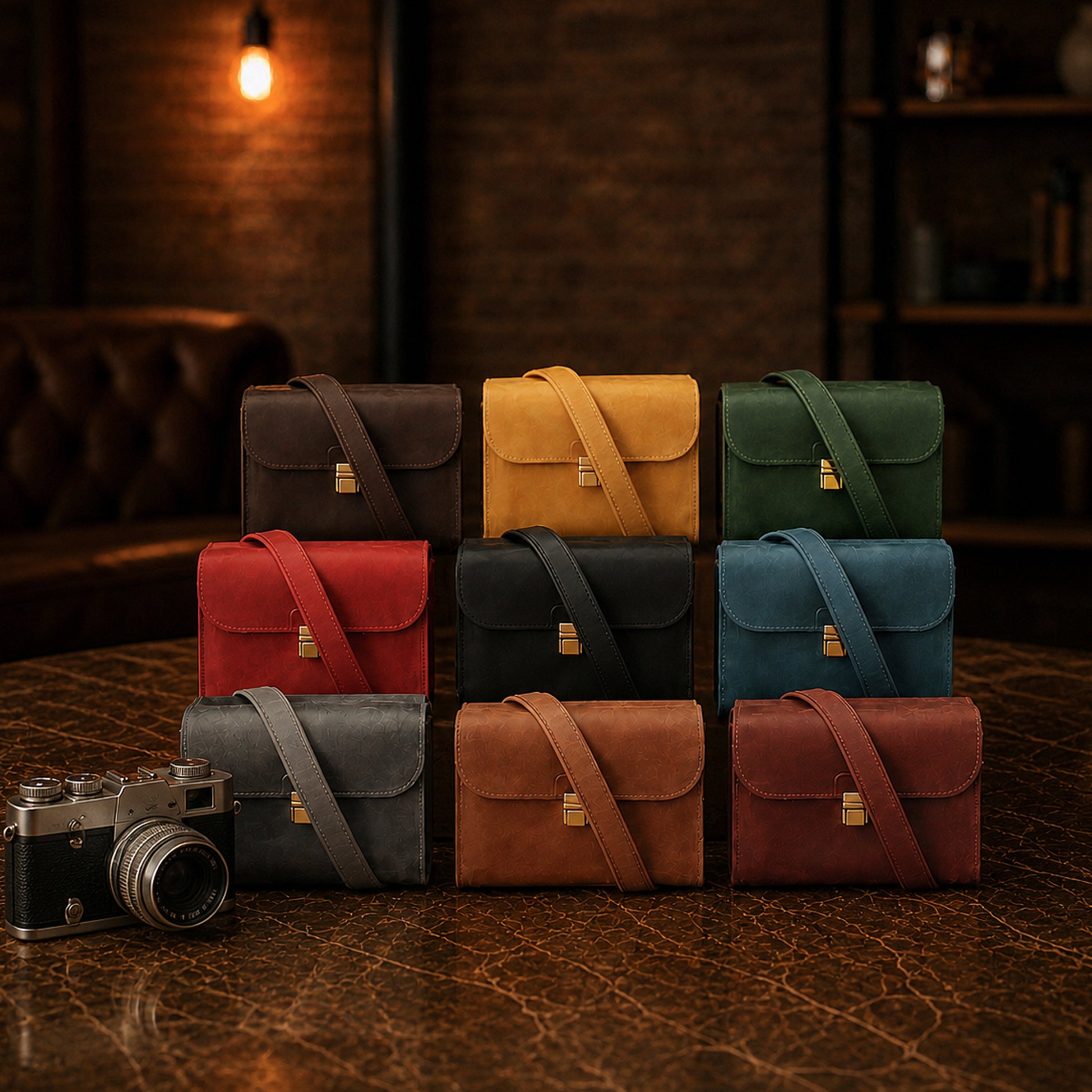 Handcrafted leather camera bag collection by RokosStudio, warm earthy tones
