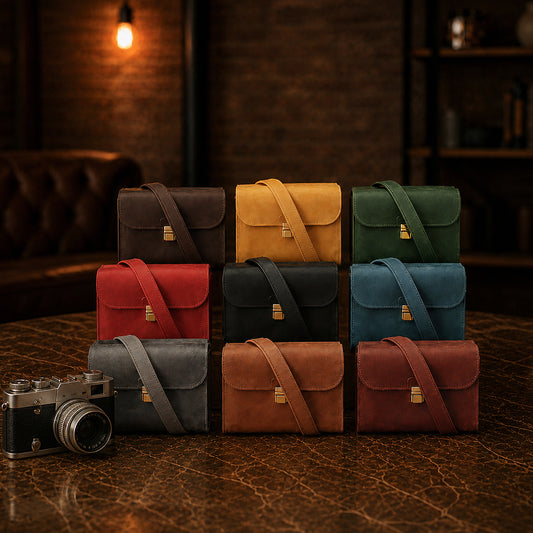 Handcrafted leather camera bag collection by RokosStudio, warm earthy tones
