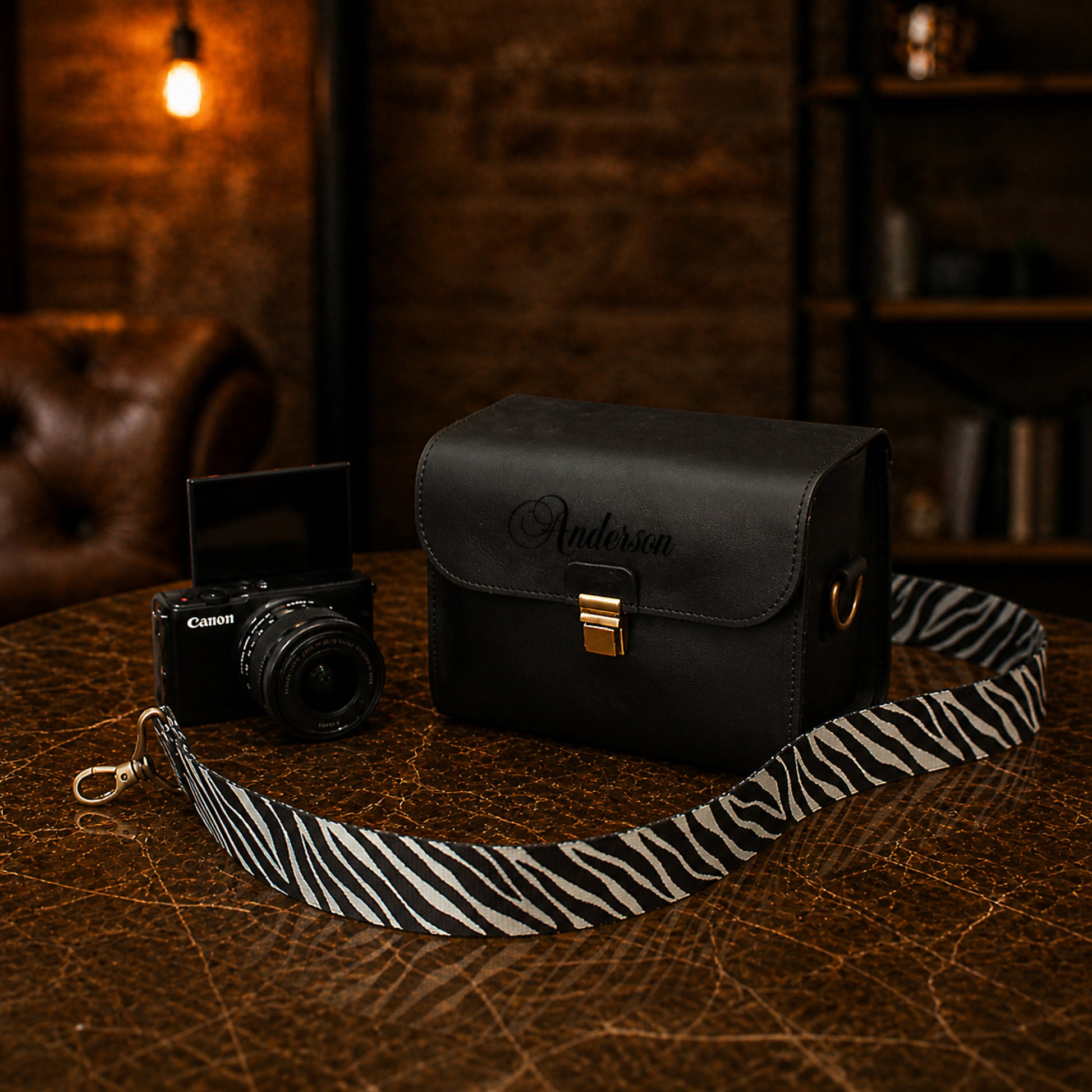 Leather camera bag with personalized name, earthy tone variant