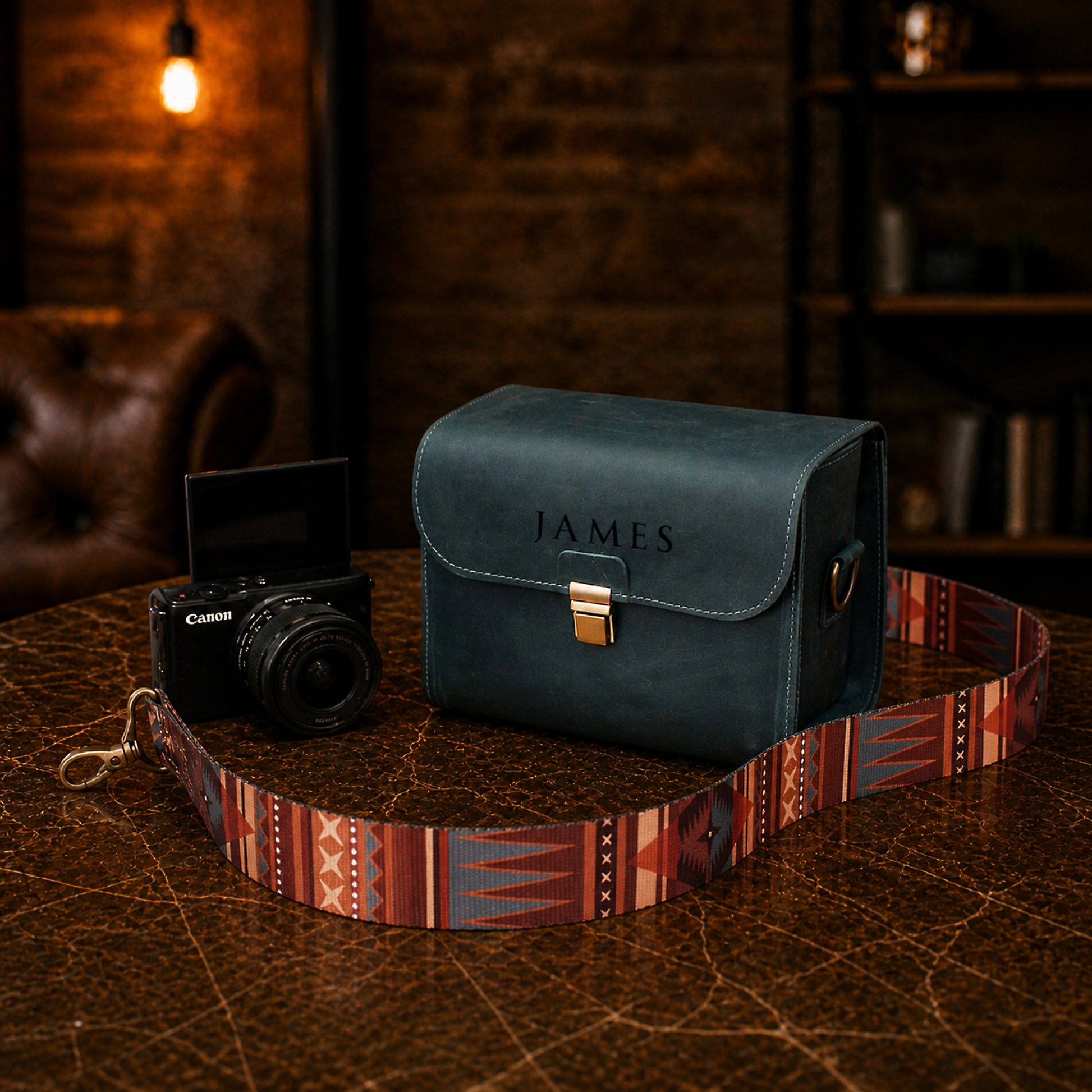 The Viewfinder leather camera bag in gift packaging, personalized present