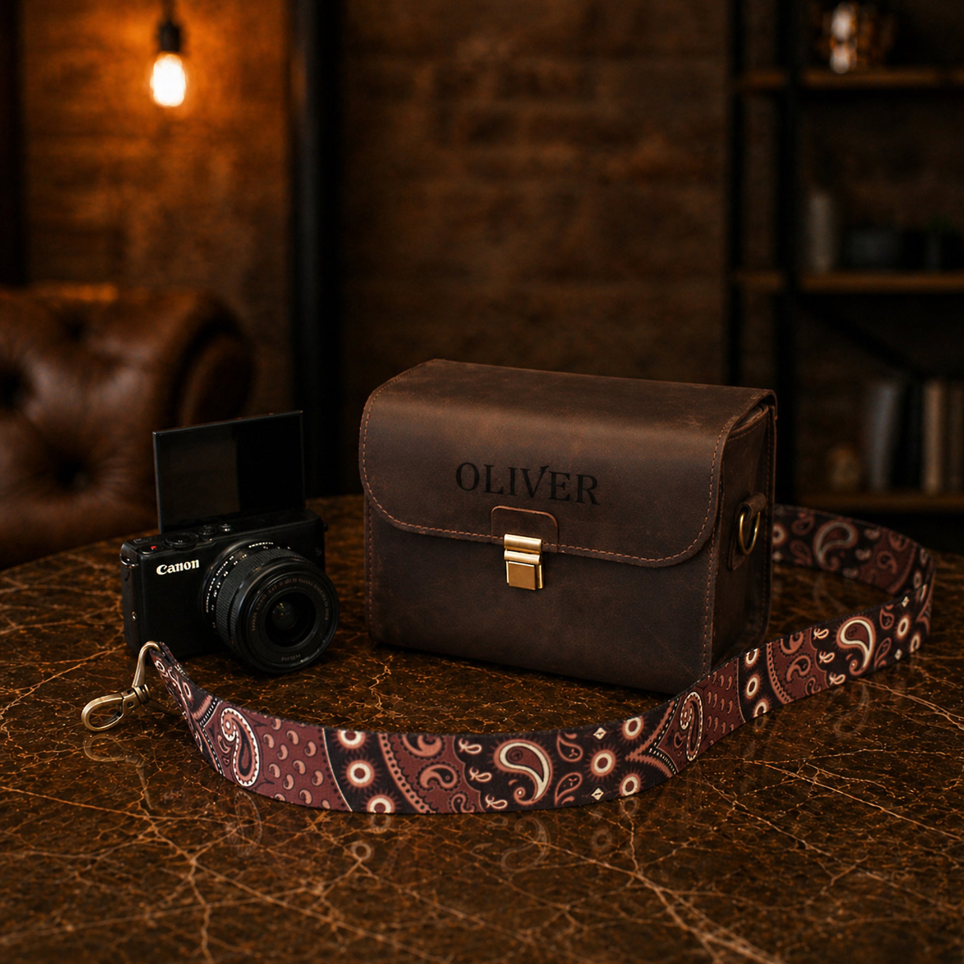 Leather camera bag gift box with custom engraving, premium unboxing