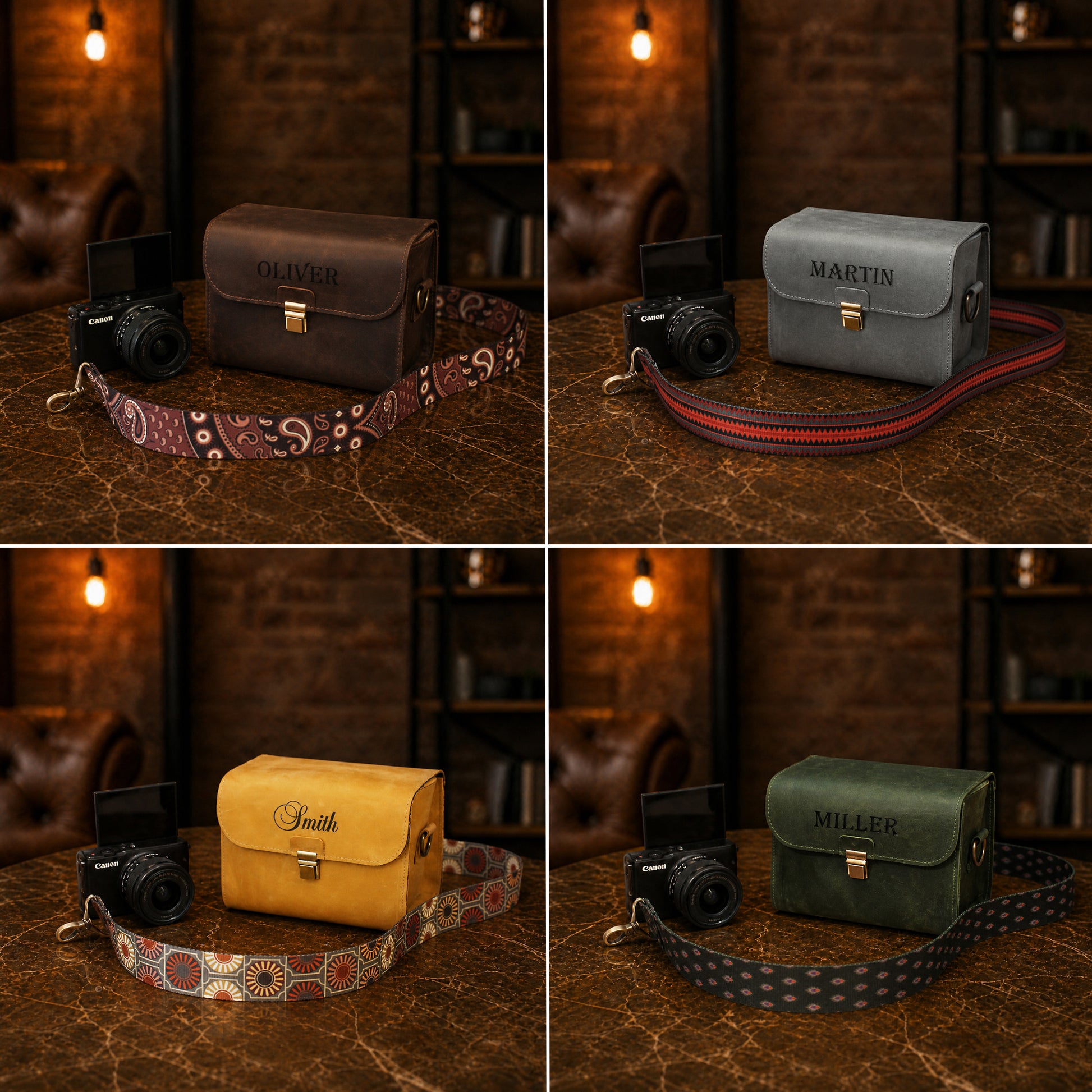 Leather camera bags with custom engravings displayed on wooden surface