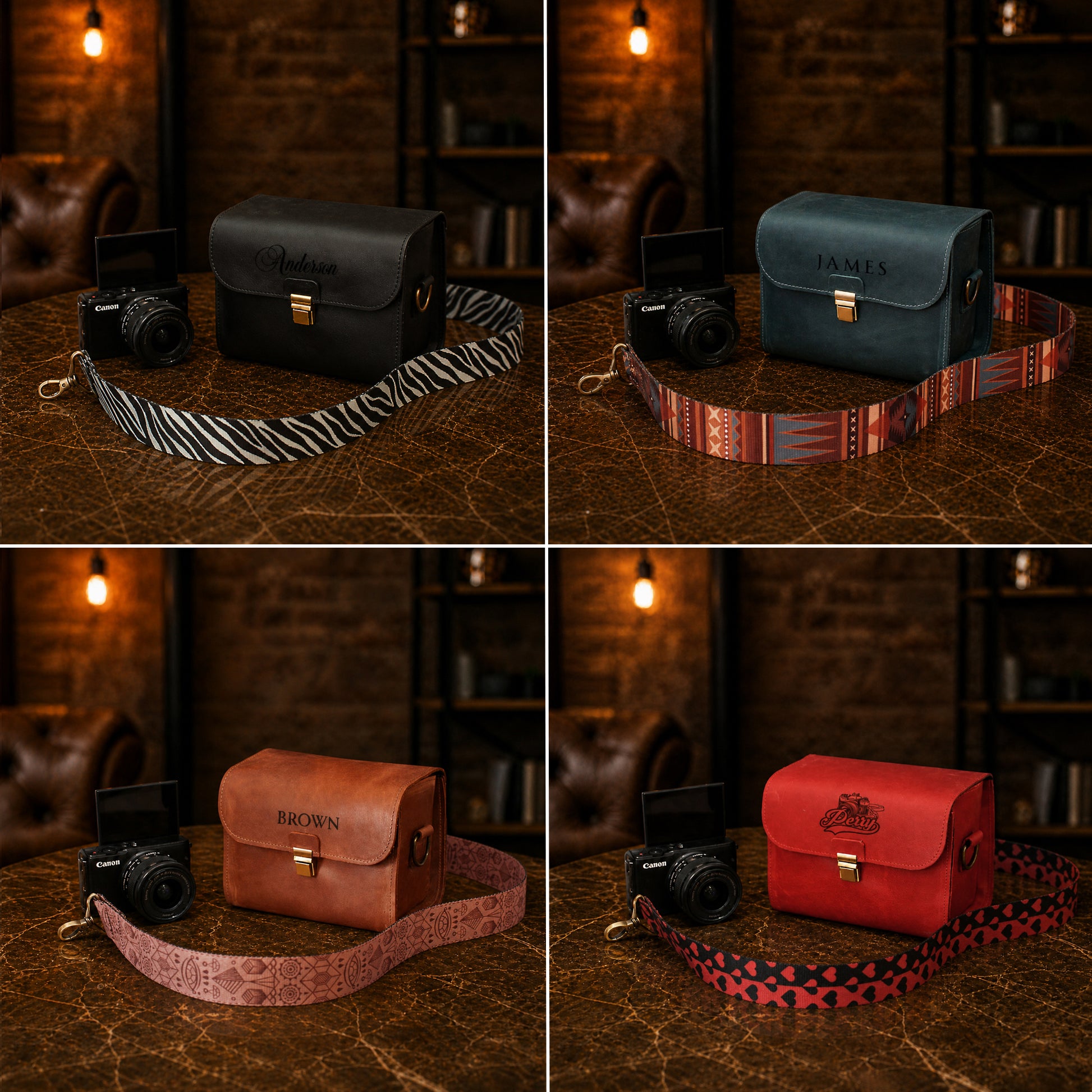 Brown leather camera bag with custom monogram engraving, front view
