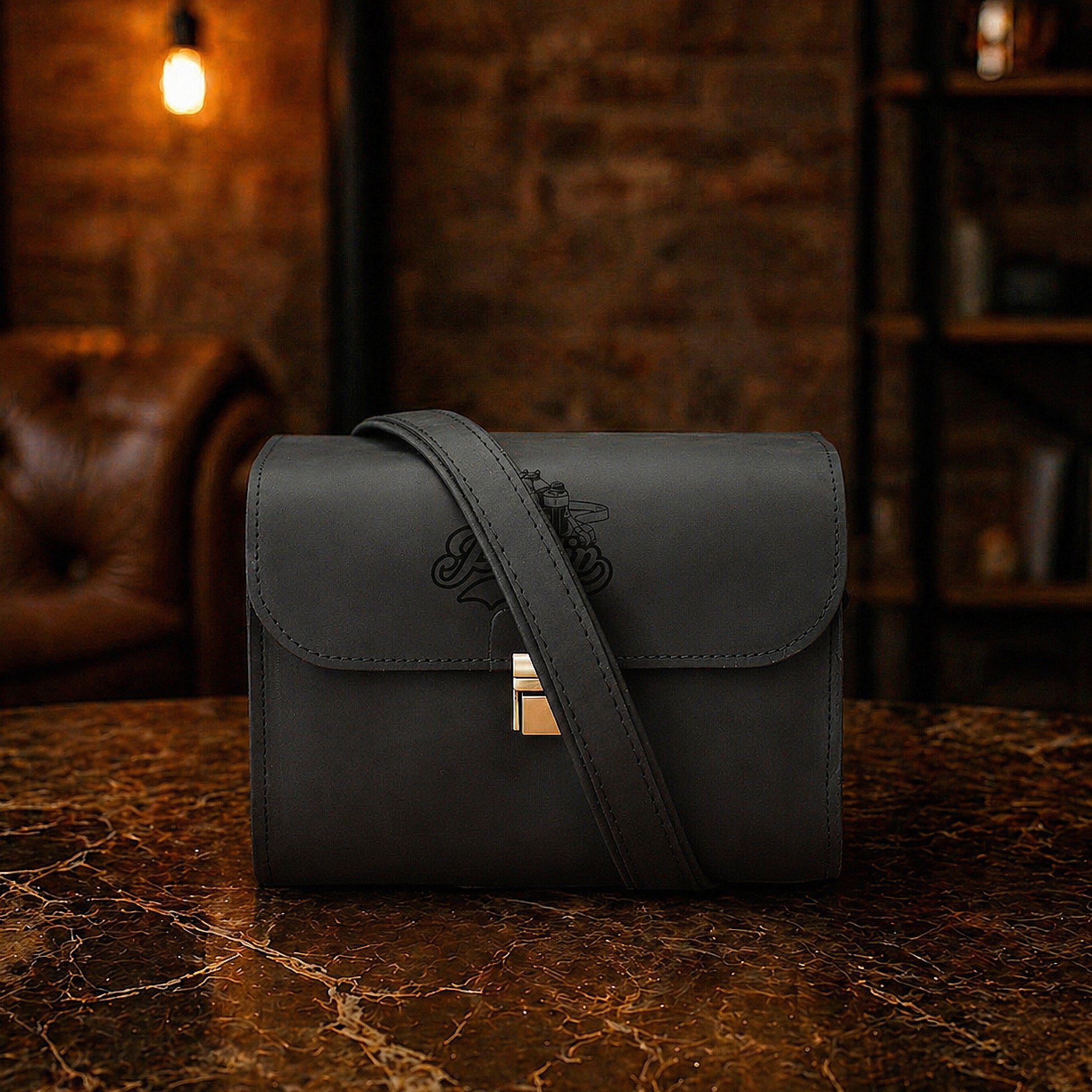 The Viewfinder personalized leather camera bag, side profile view