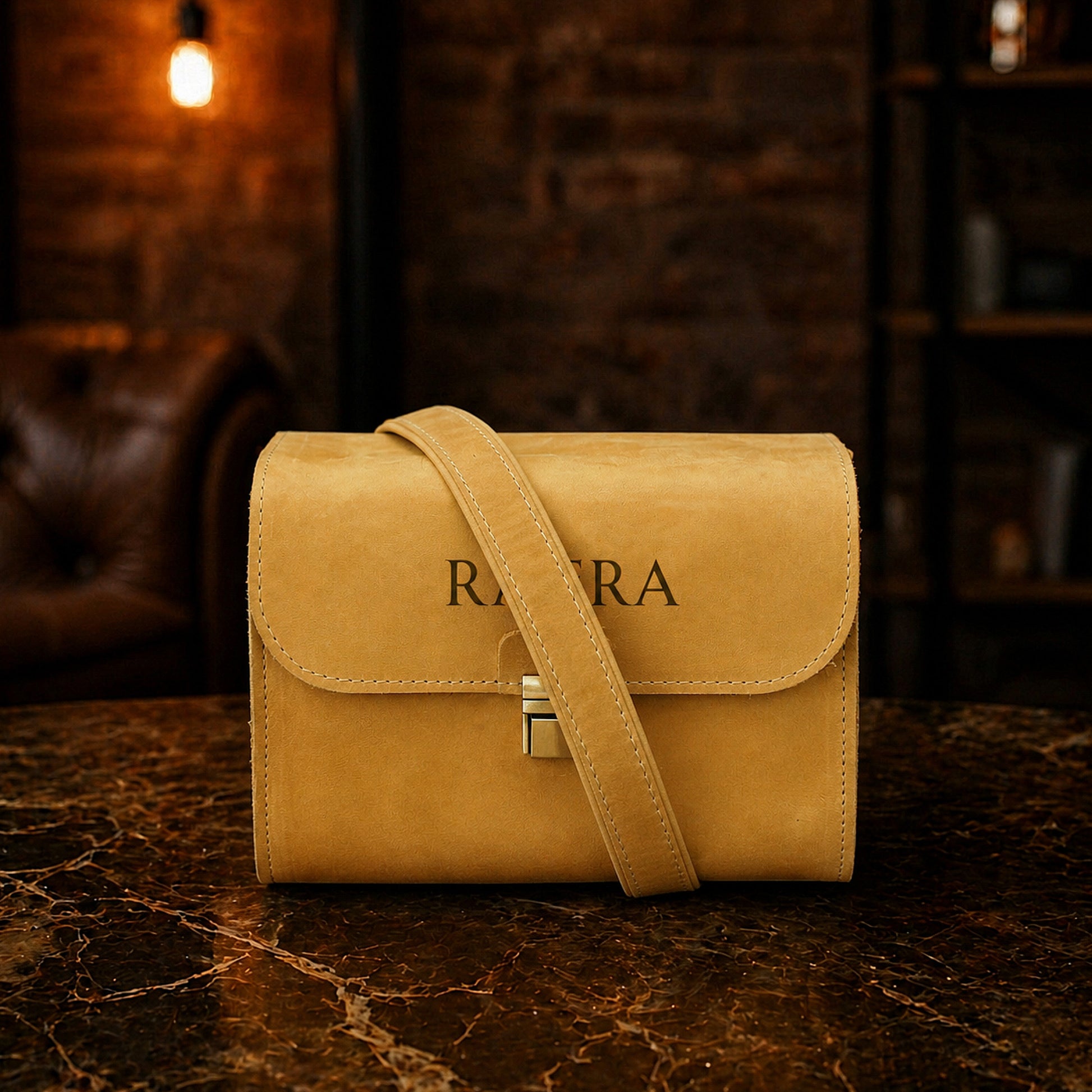 Premium leather camera bag with name stamp, warm brown tone