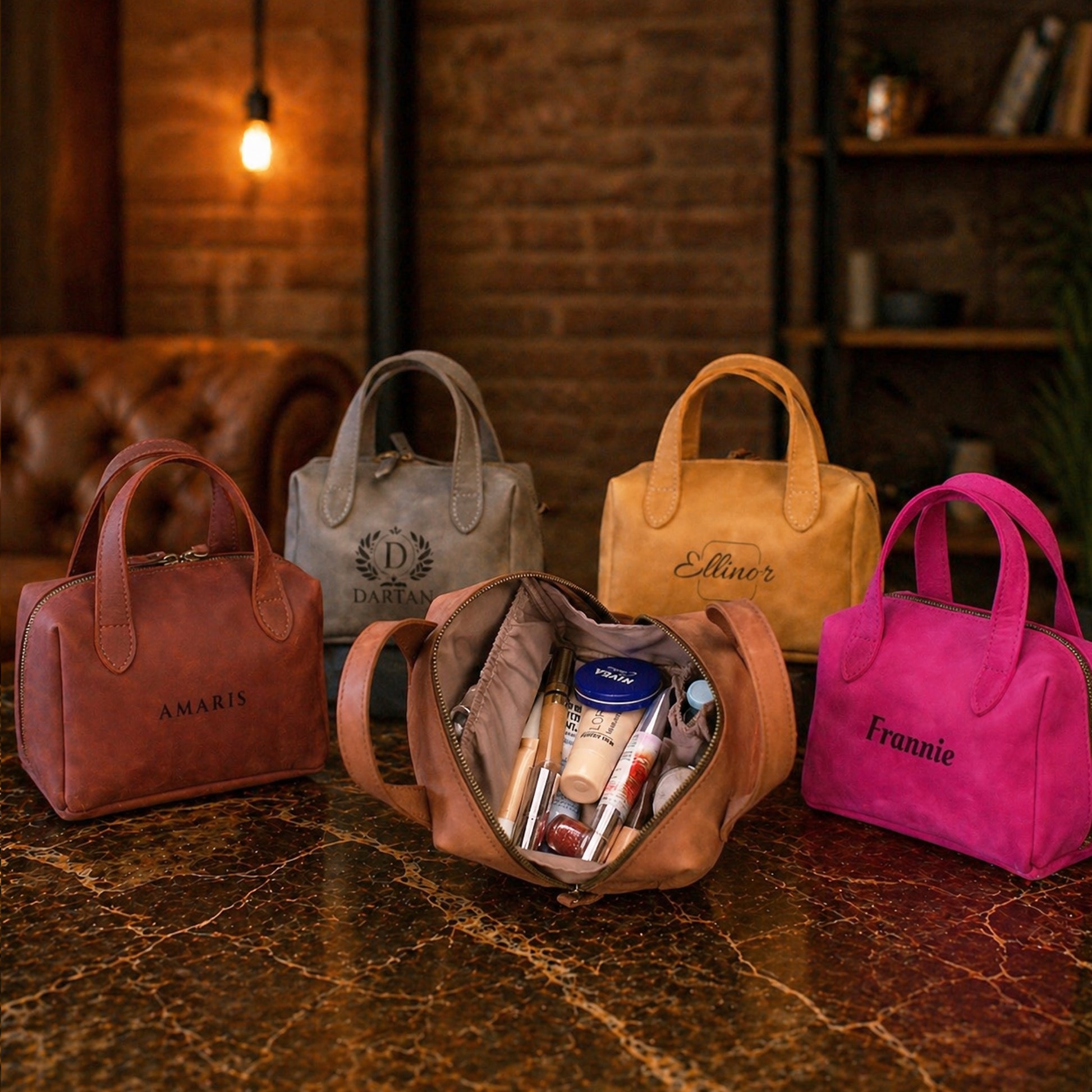 Five small handbags with different colors and names on a textured surface.