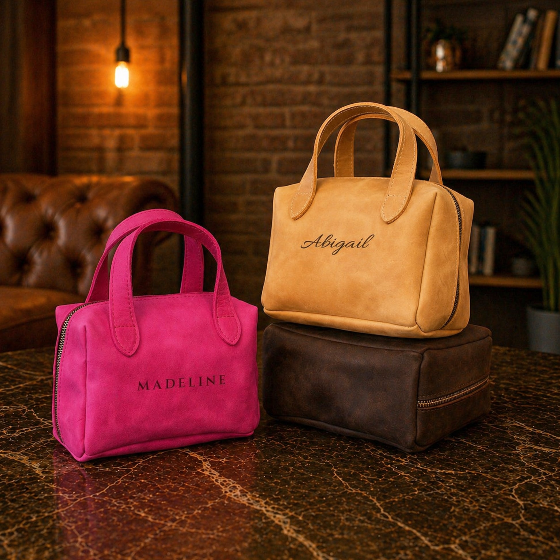 Three handbags in pink, brown, and black on a textured surface with a blurred background.