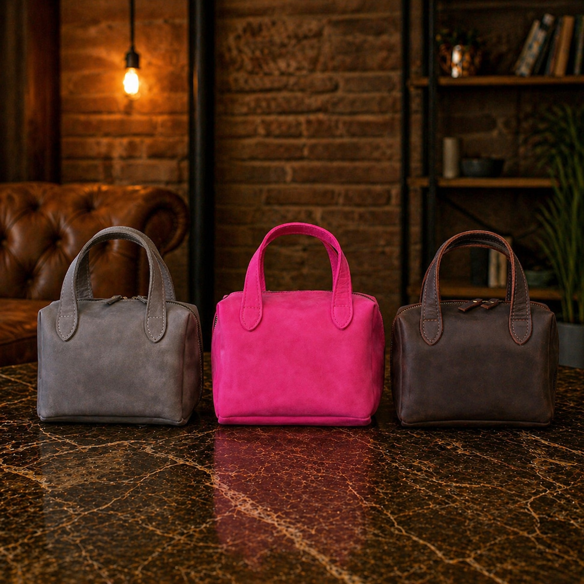 Three handbags in gray, pink, and brown on a marble surface with a warm-toned background.