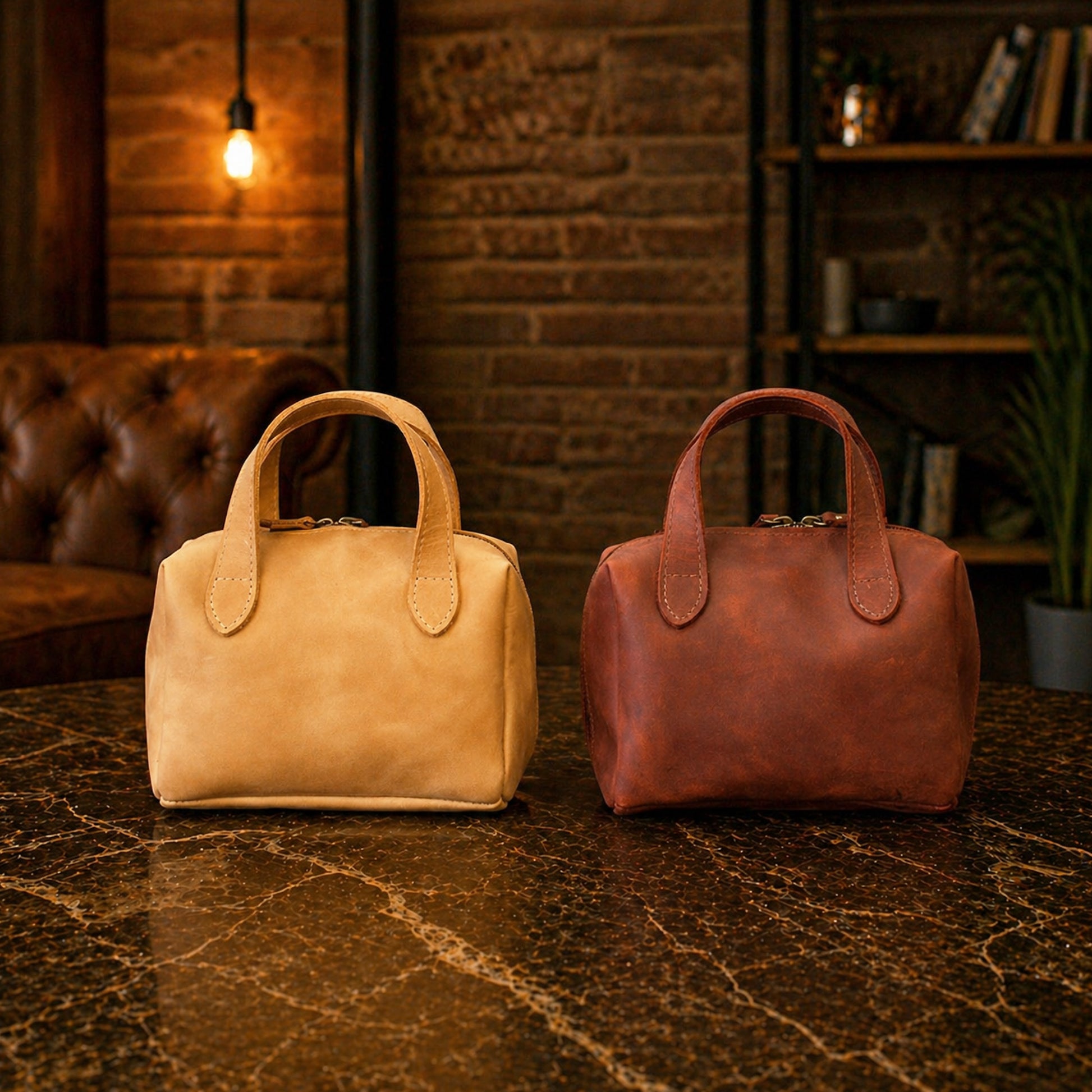Two leather handbags, one beige and one brown, on a marble surface with a warm-toned background.