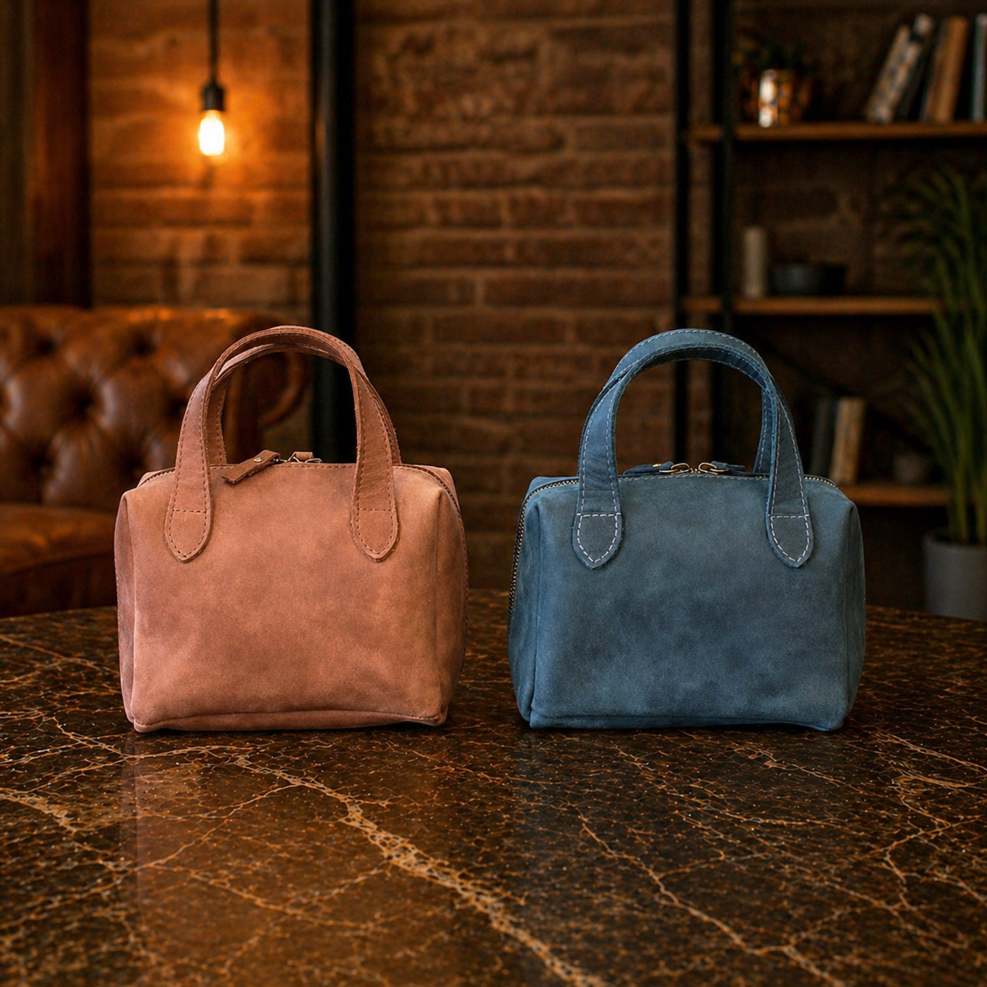 Two small handbags, one brown and one blue, on a textured surface with a warm-toned background.