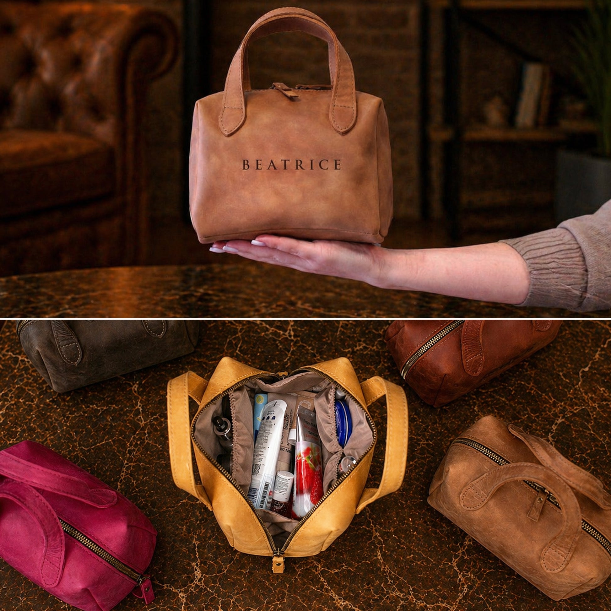 Brown leather bag with 'BEATRICE' branding, held by a person, shown open with contents on a textured surface.