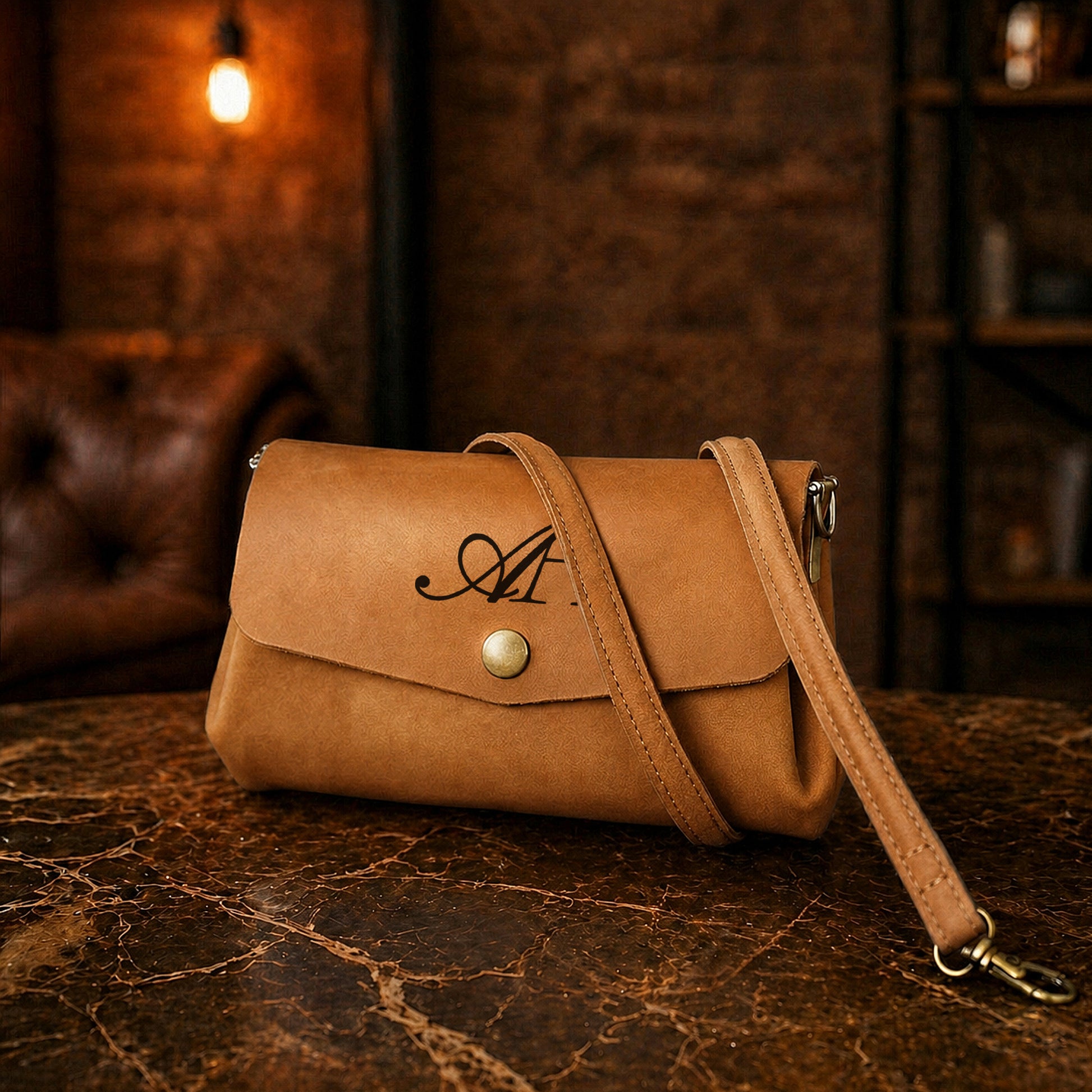 Brown leather handbag with a brand logo on a dark surface with a warm-toned background.
