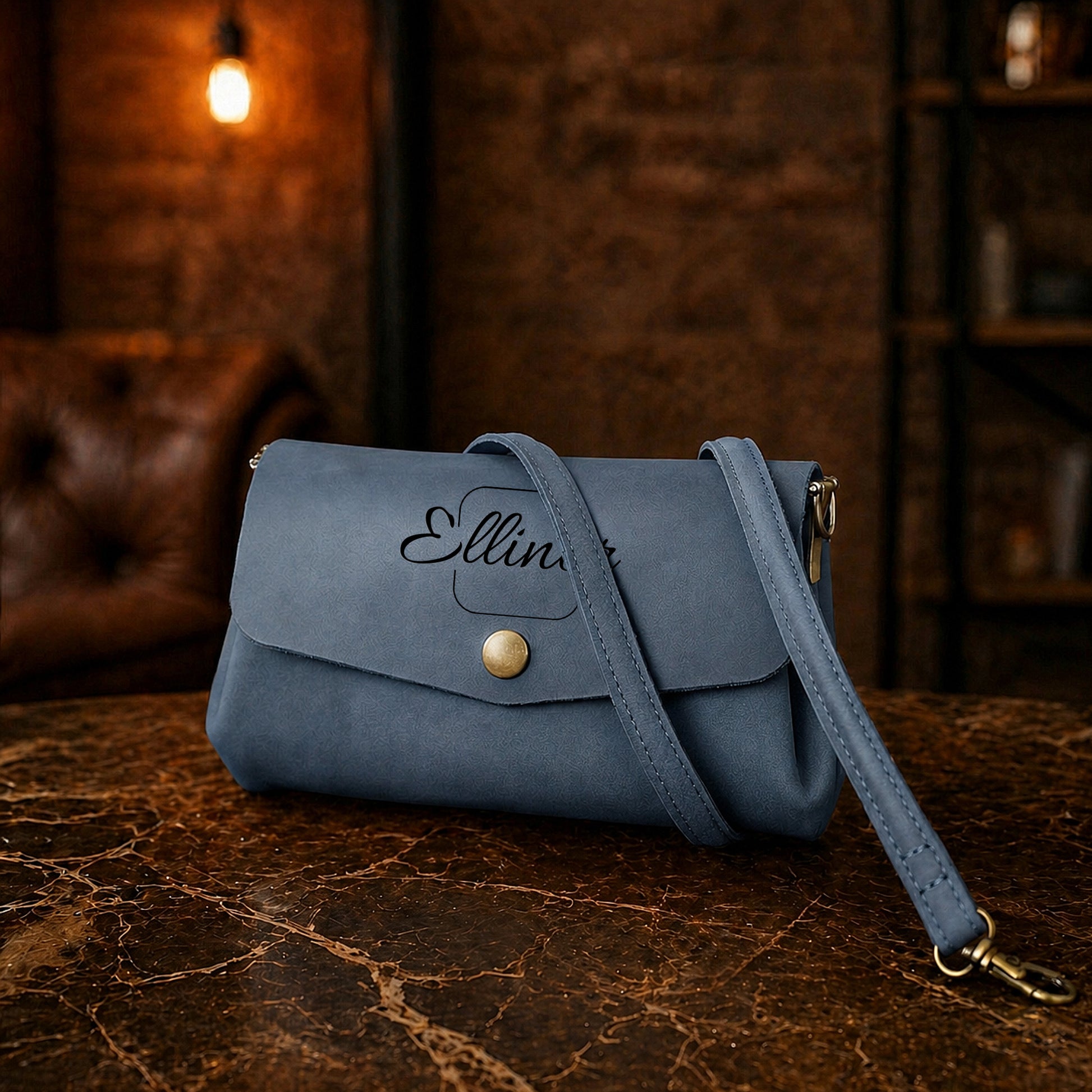 Small leather crossbody bag with custom name stamp, handcrafted in warm brown leather