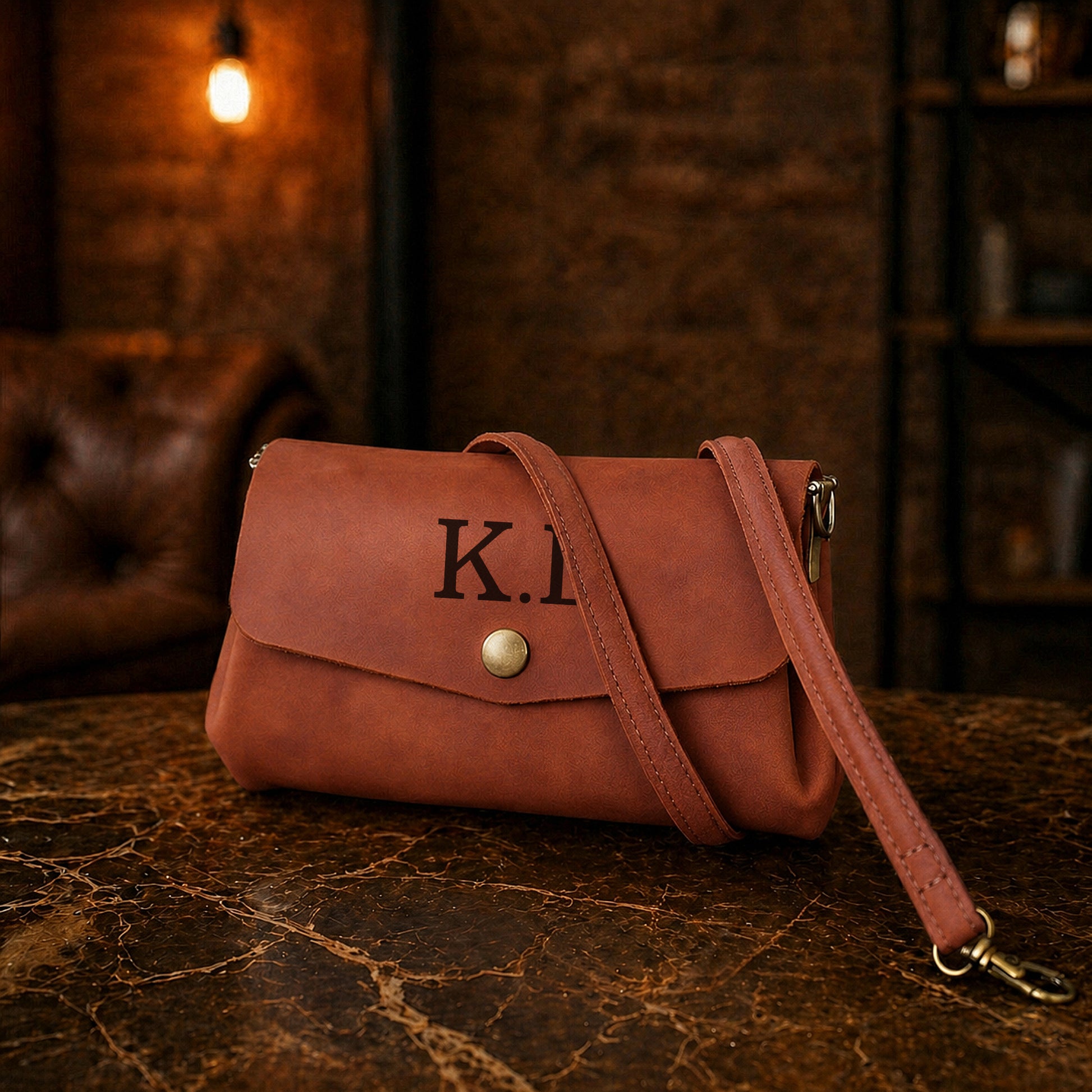 Brown leather handbag with initials on a dark surface