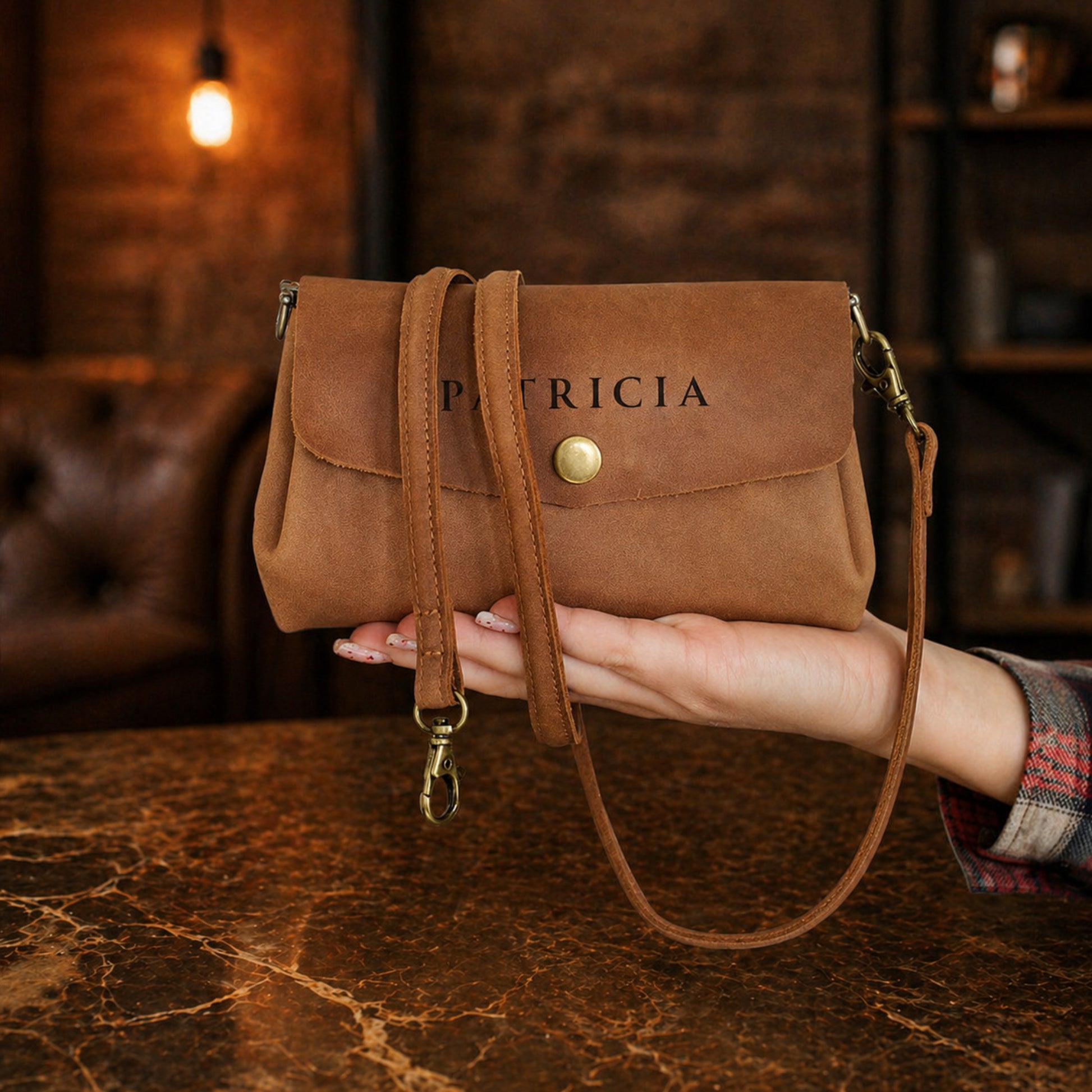 Brown leather handbag with 'PATRICIA' engraving held by a person in a warm-toned indoor setting.