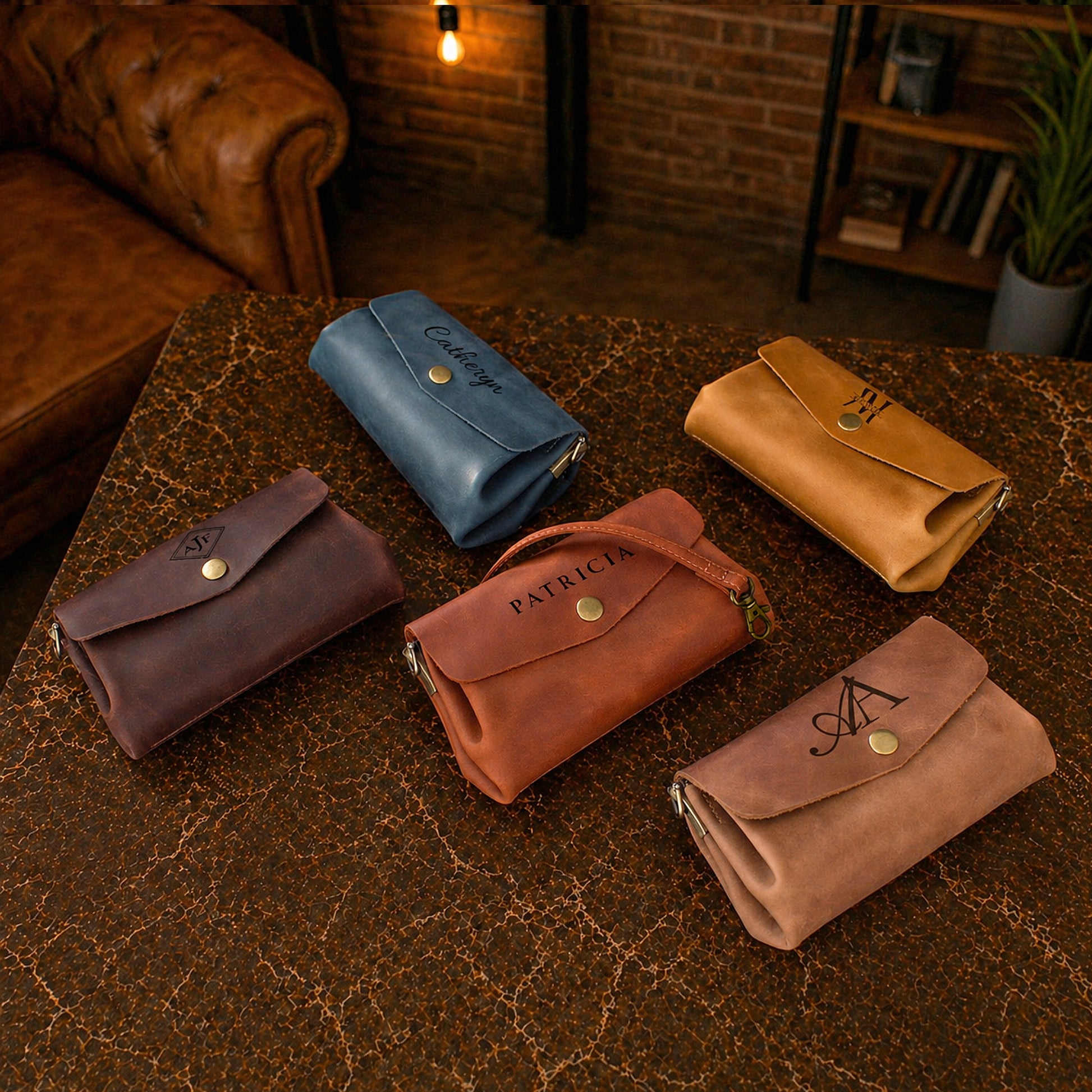 Petite leather crossbody bag with personalized engraving, lifestyle product photo