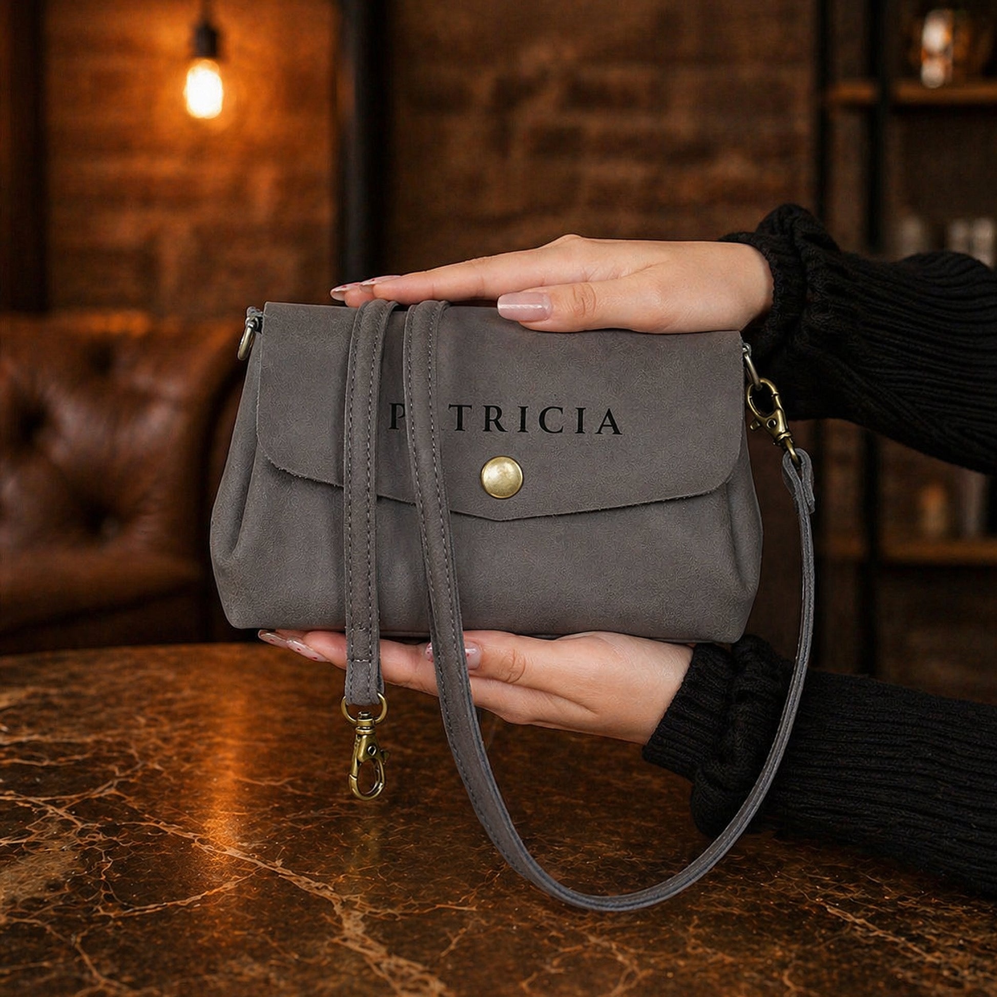 Personalized leather phone purse with monogram engraving, minimalist design